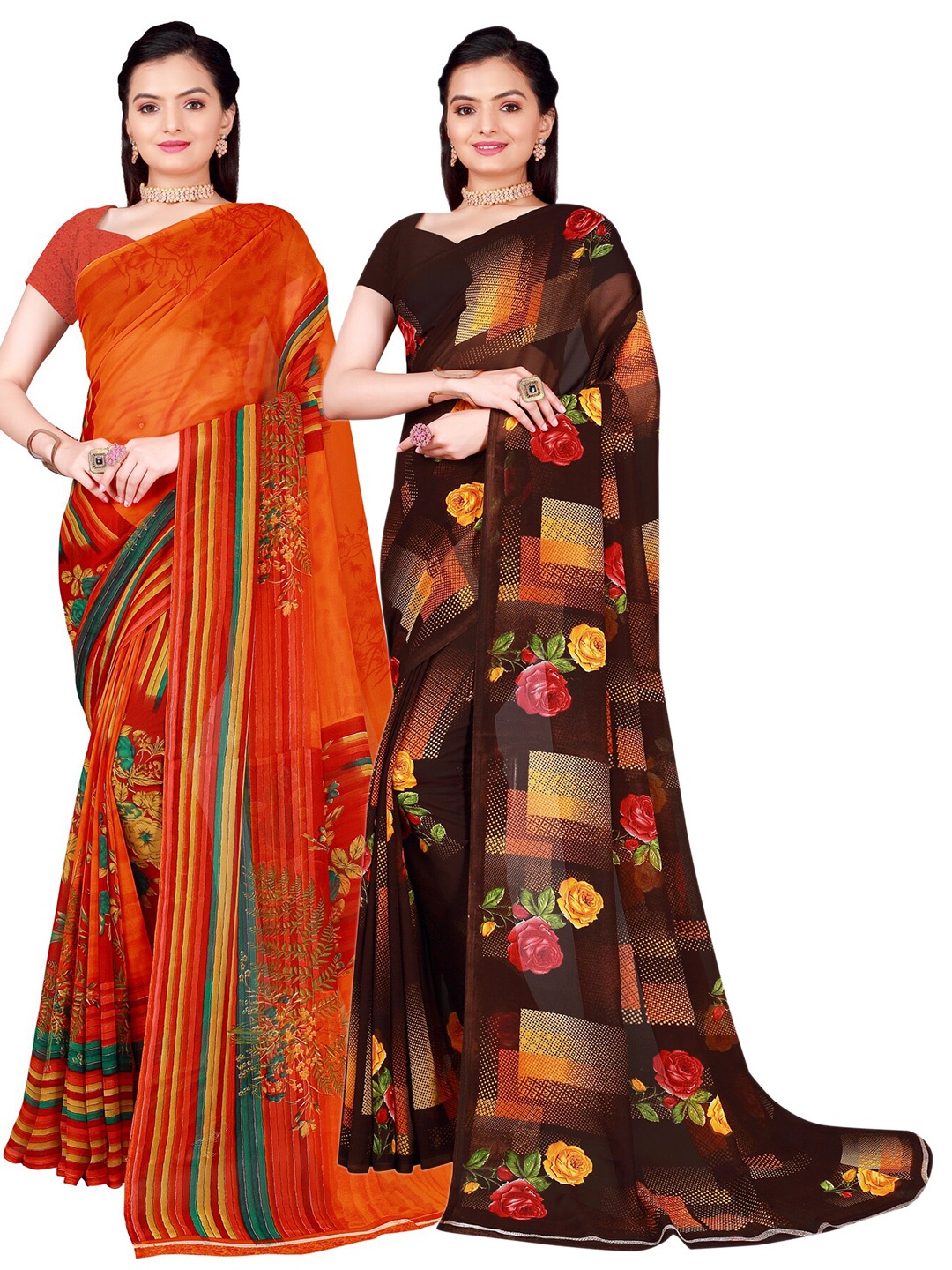 

Florence Pack Of 2 Brown & Orange Pure Georgette Saree