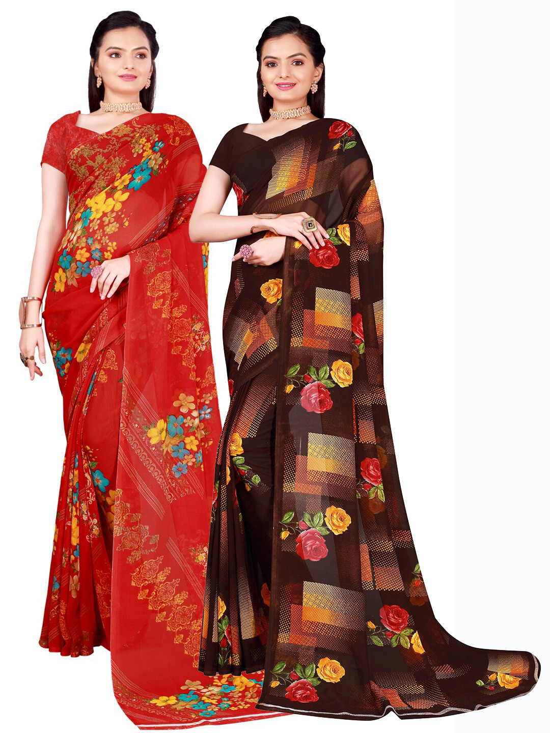 

Florence Pack Of 2 Brown & Red Floral Pure Georgette Saree
