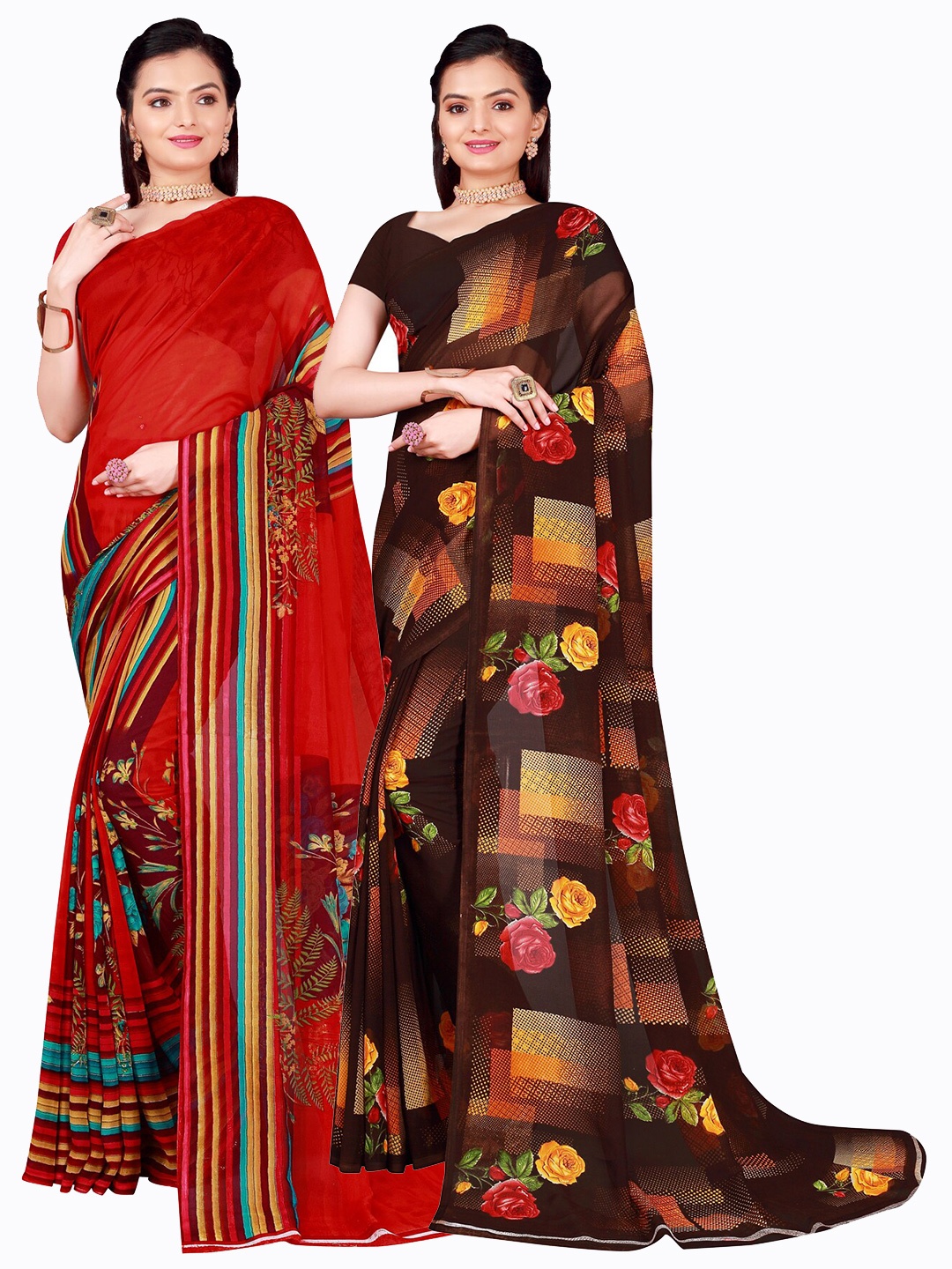 

Florence Pack of 2 Brown & Red Pure Georgette Sarees