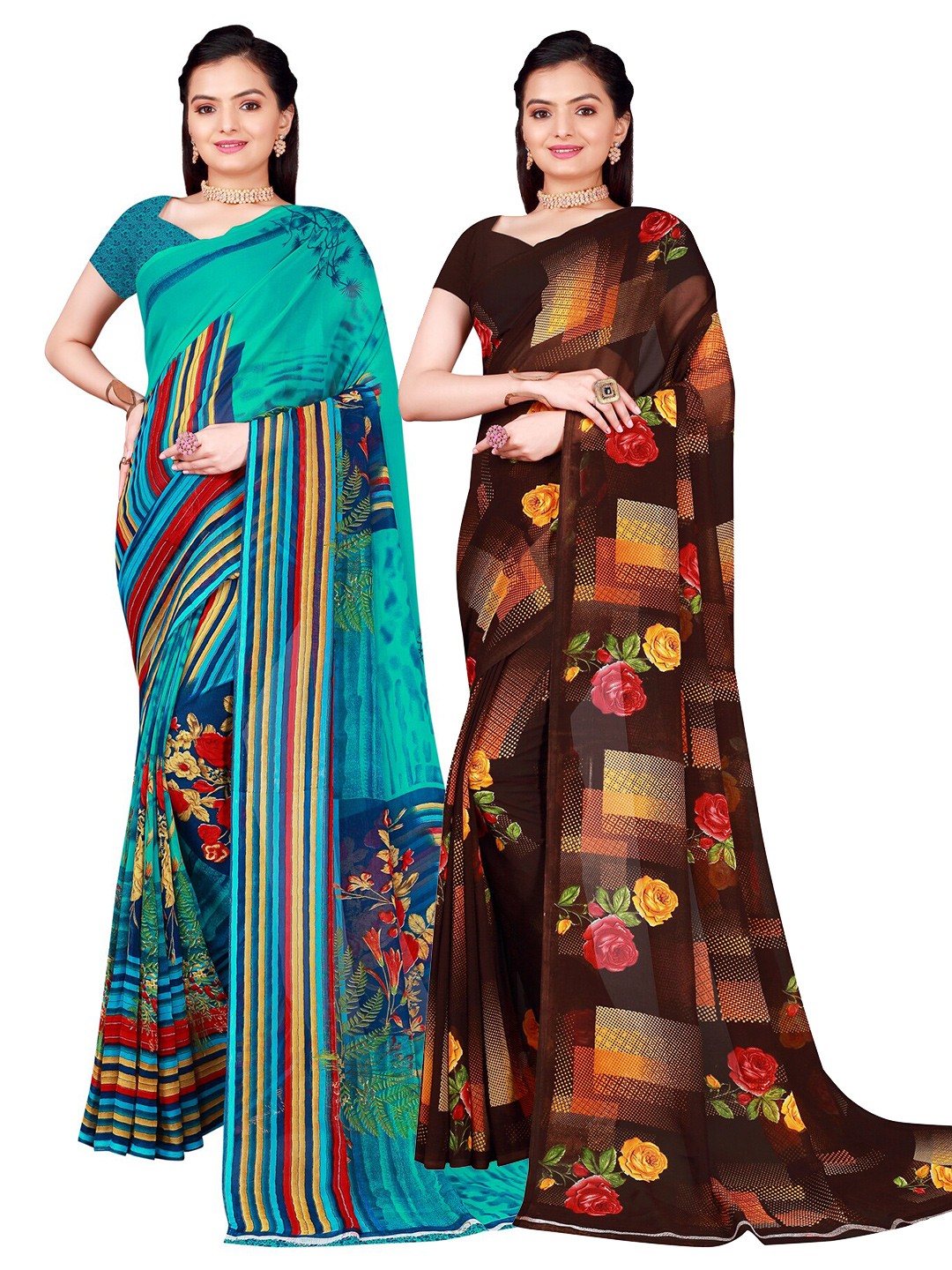 

Florence Pack Of 2 Brown & Turquoise Blue Floral Pure Georgette Saree