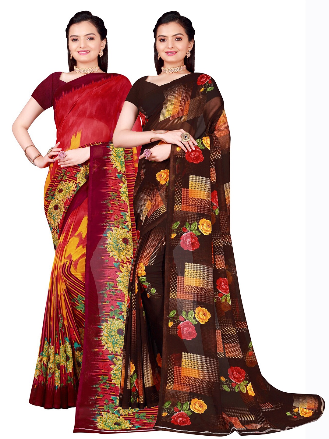 

Florence Pack of 2 Printed Pure Georgette Sarees, Brown