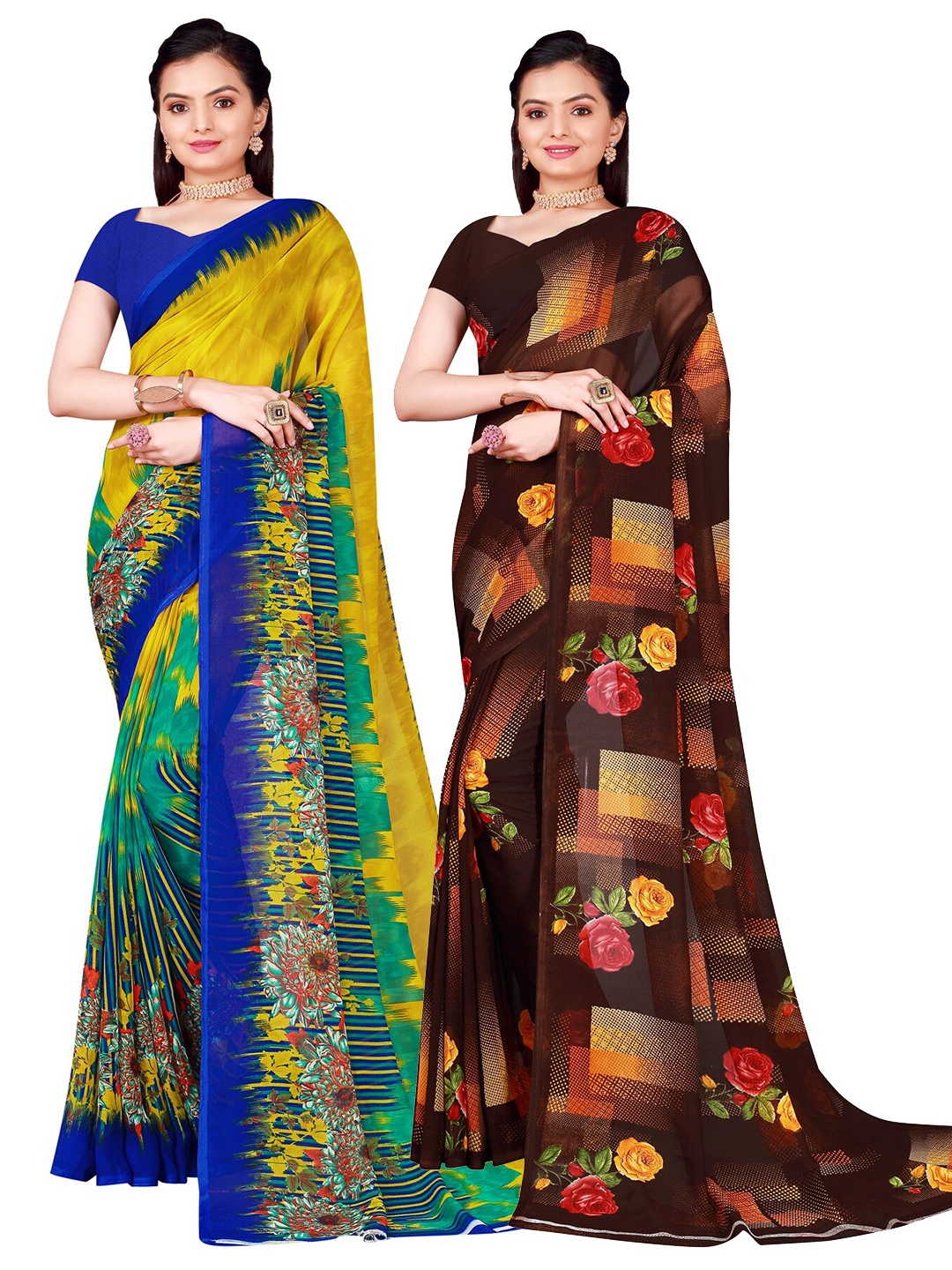 

Florence Pack Of 2 Brown & Blue Floral Pure Georgette Saree