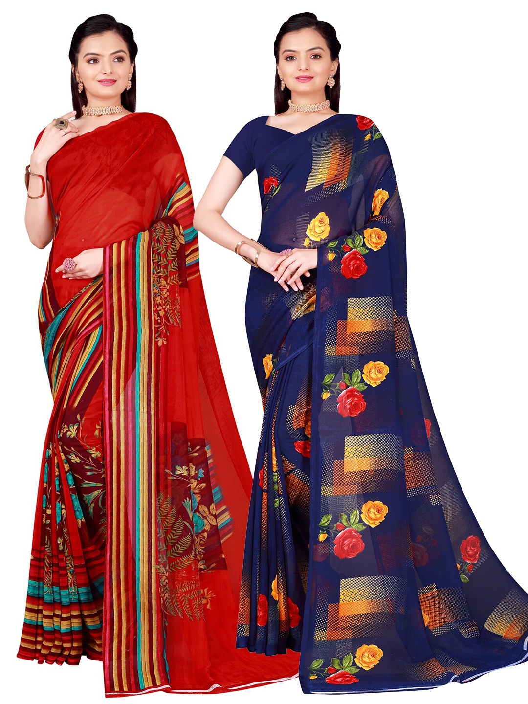 

Florence Pack of 2 Navy Blue & Red Pure Georgette Sarees