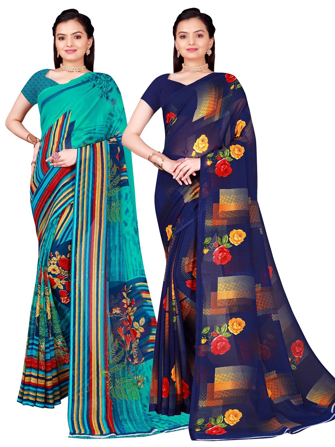 

Florence Pack Of 2 Navy Blue & Teal Floral Pure Georgette Saree