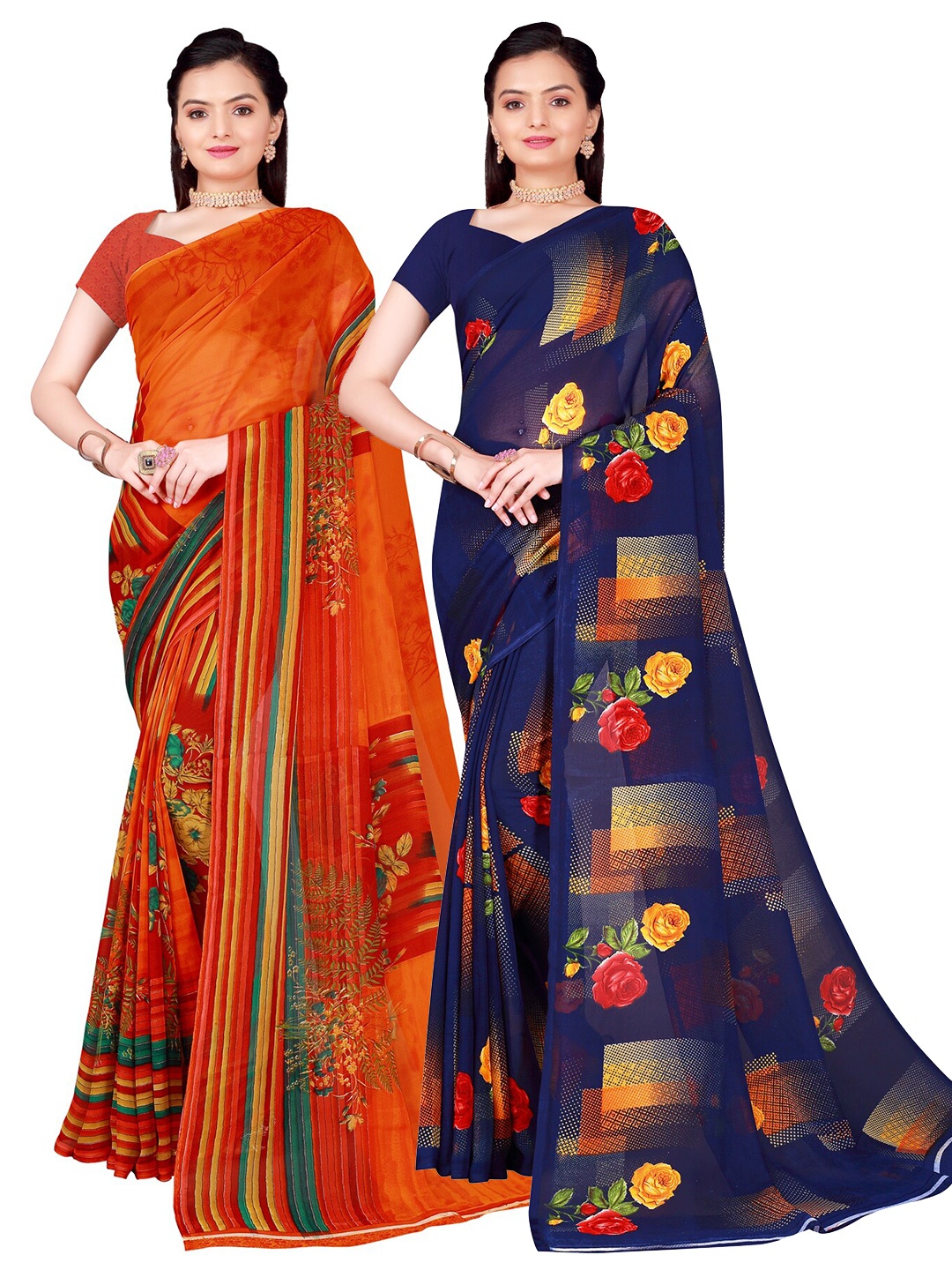 

Florence Pack of 2 Printed Pure Georgette Sarees, Navy blue
