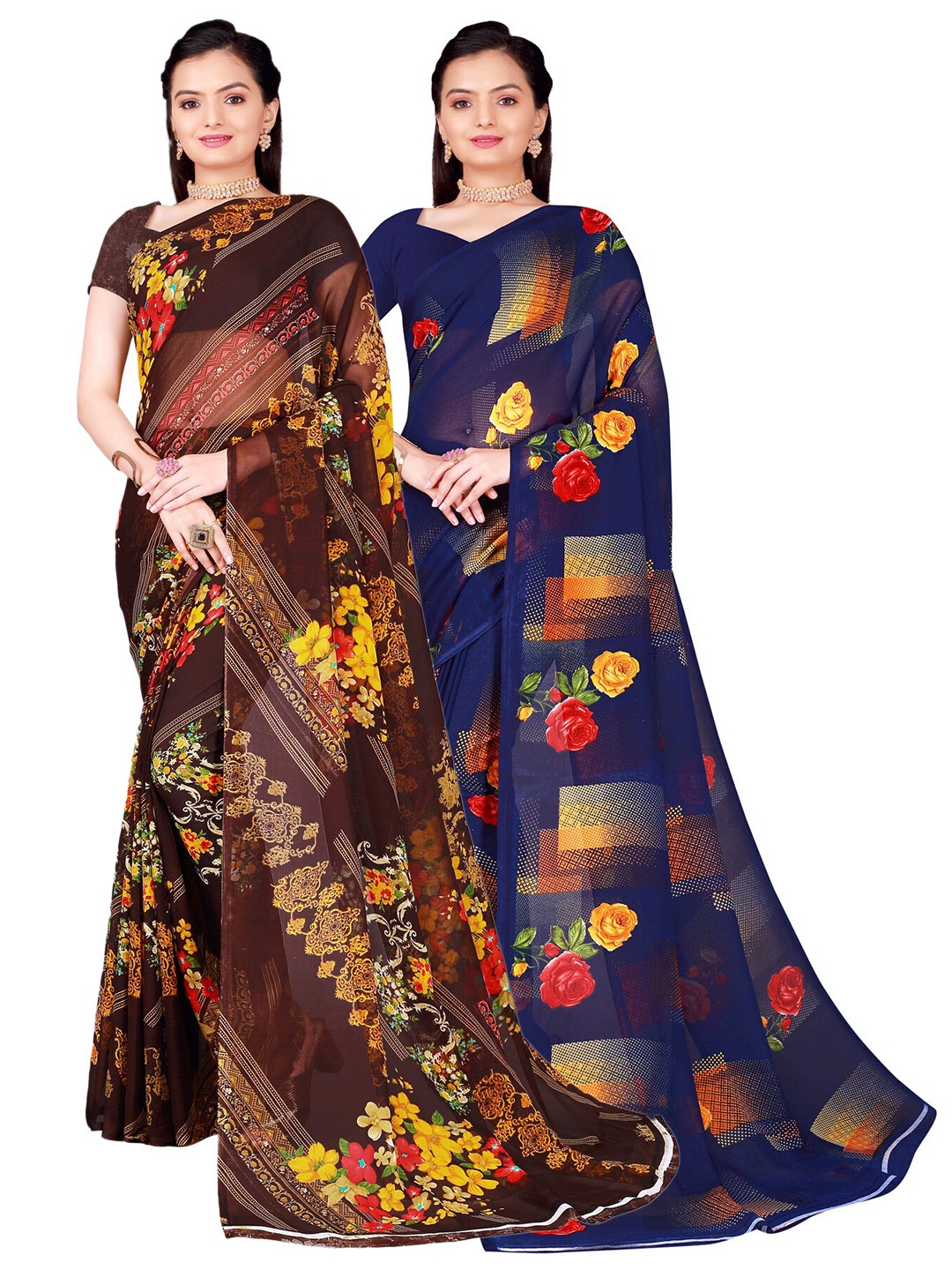 

Florence Pack of 2 Navy Blue & Brown Floral Pure Georgette Sarees