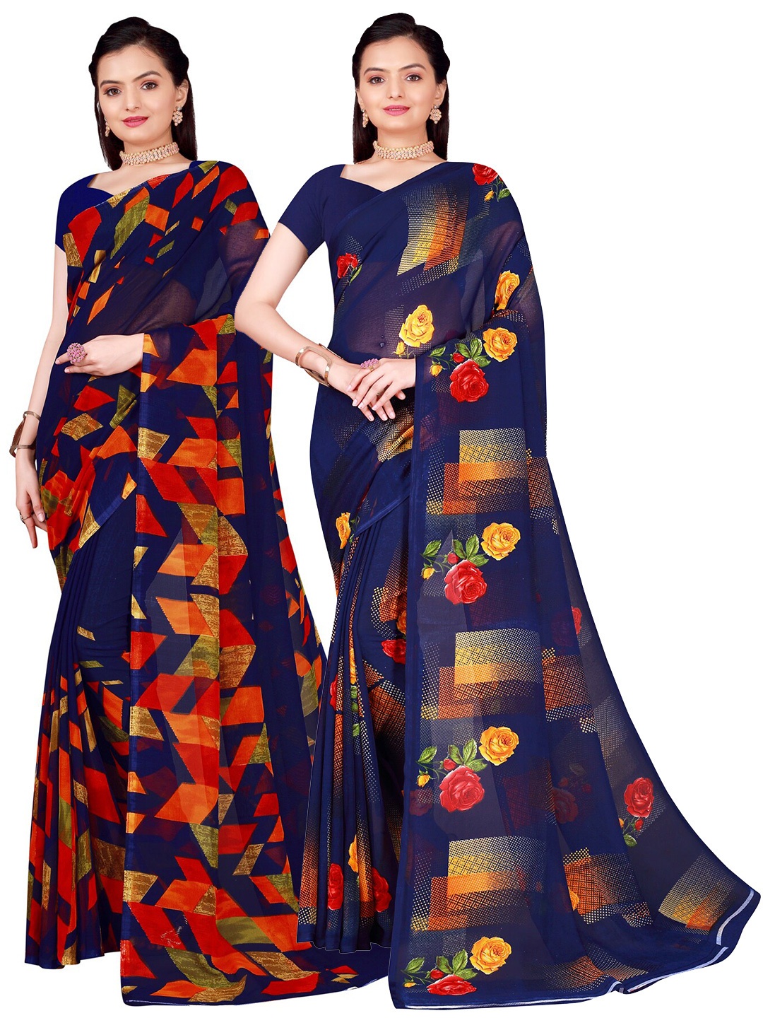 

Florence Pack of 2 Navy Blue & Red Pure Georgette Saree
