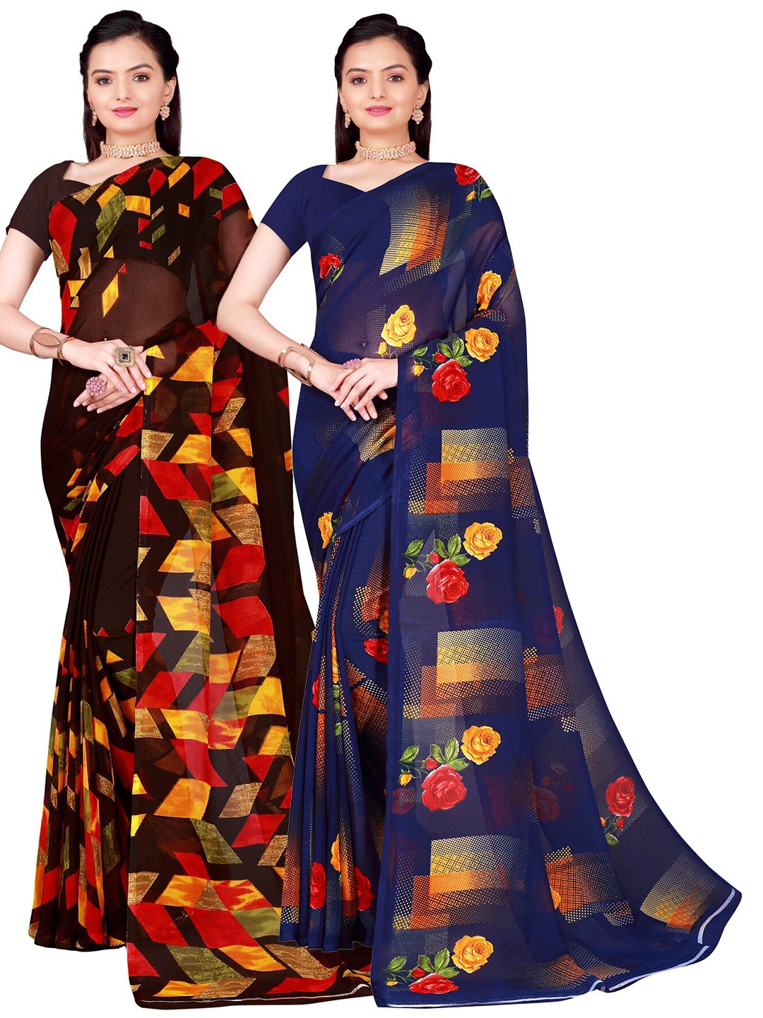 

Florence Pack Of 2 Navy Blue & Coffee Brown Pure Georgette Saree