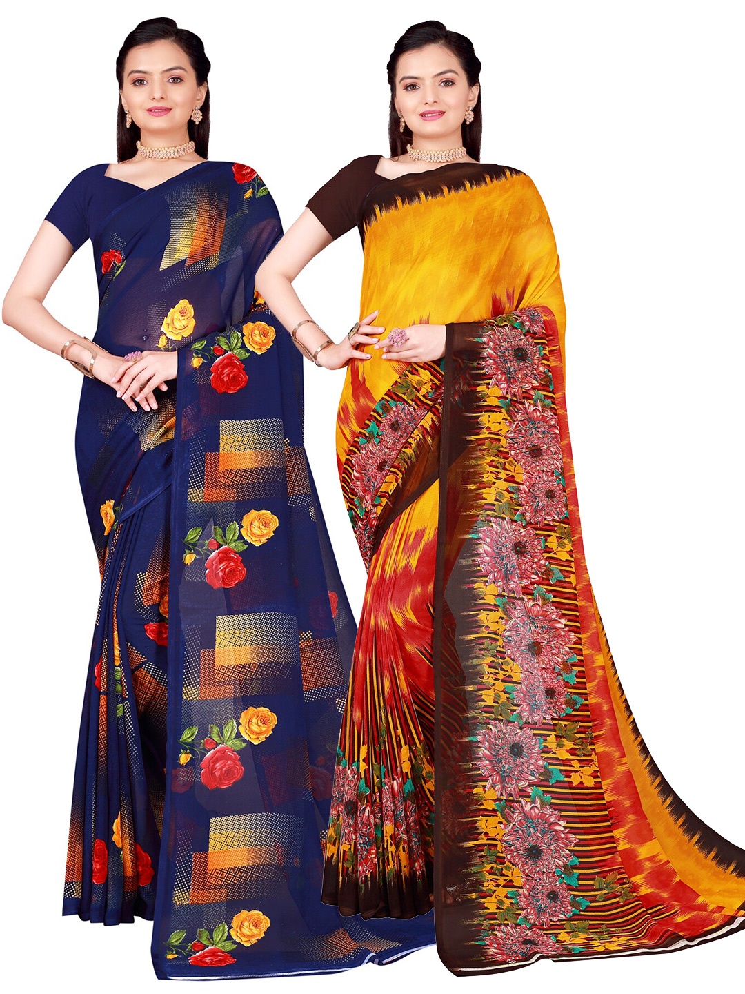 

Florence Pack of 2 Printed Pure Georgette Sarees, Navy blue