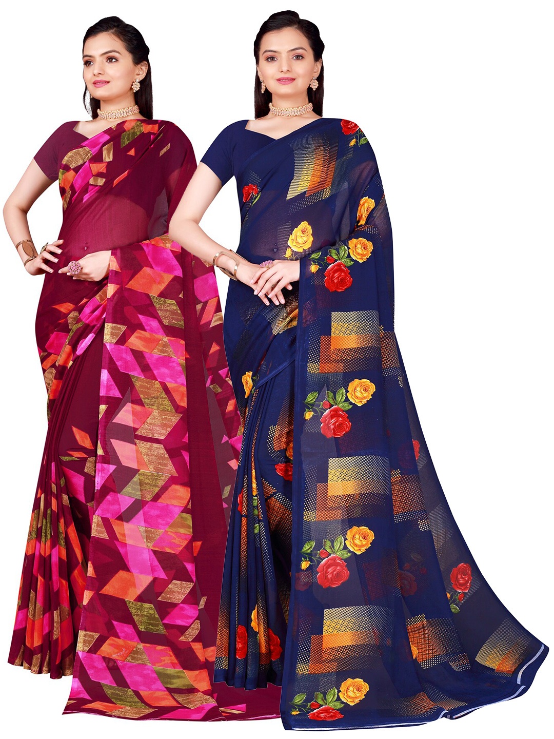 

Florence Pack Of 2 Navy Blue & Maroon Pure Georgette Saree