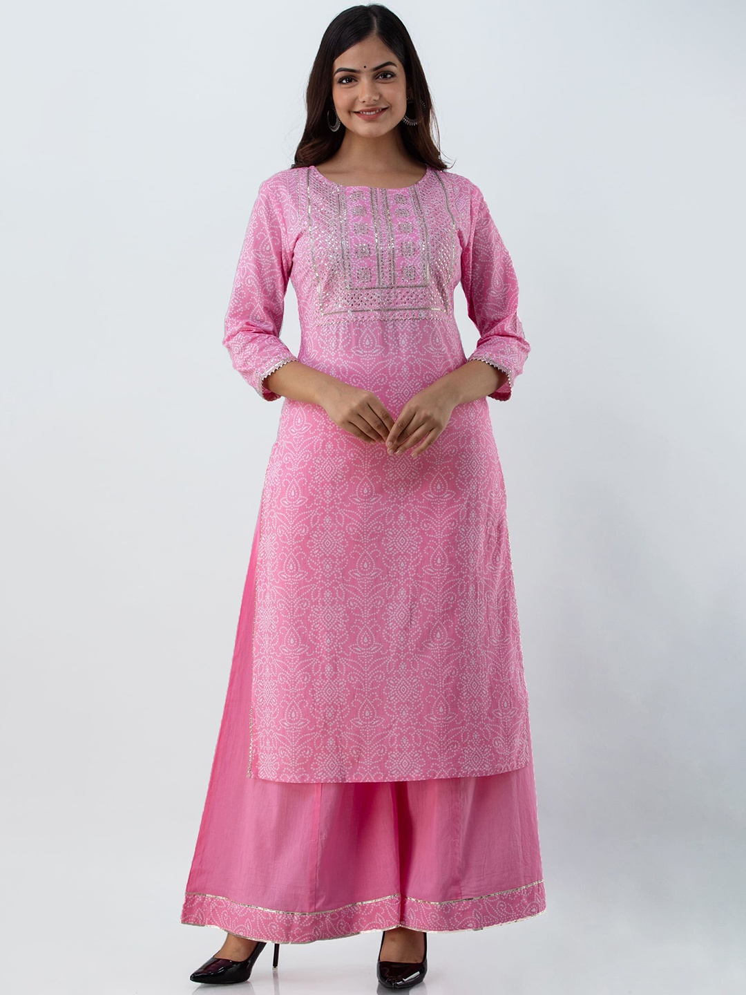 

GULMOHAR JAIPUR Pink Ethnic Motifs Embroidered Pure Cotton Kurta with Palazzos