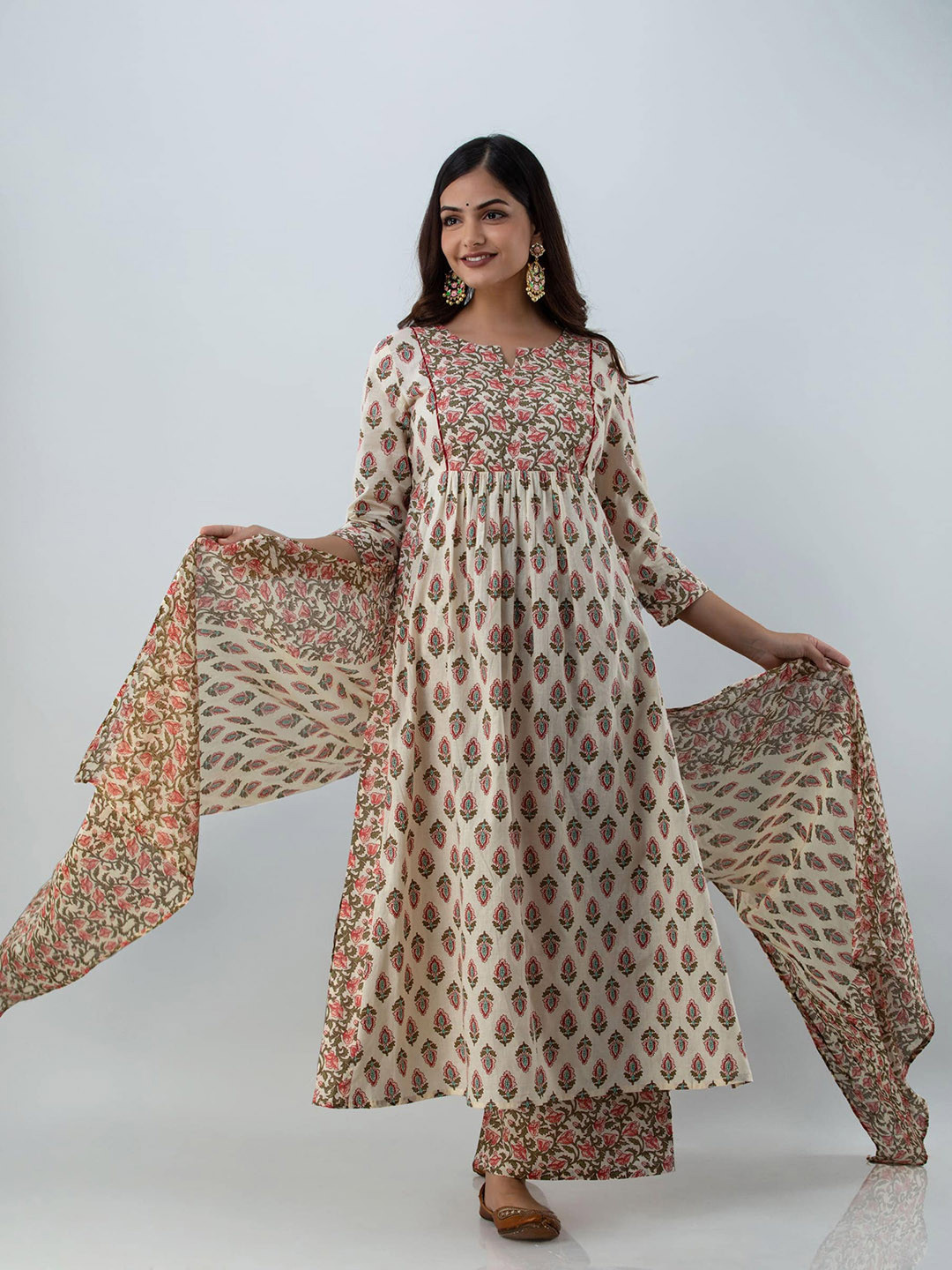 

GULMOHAR JAIPUR Women Beige Ethnic Motifs Printed Pure Cotton Kurta with Palazzos