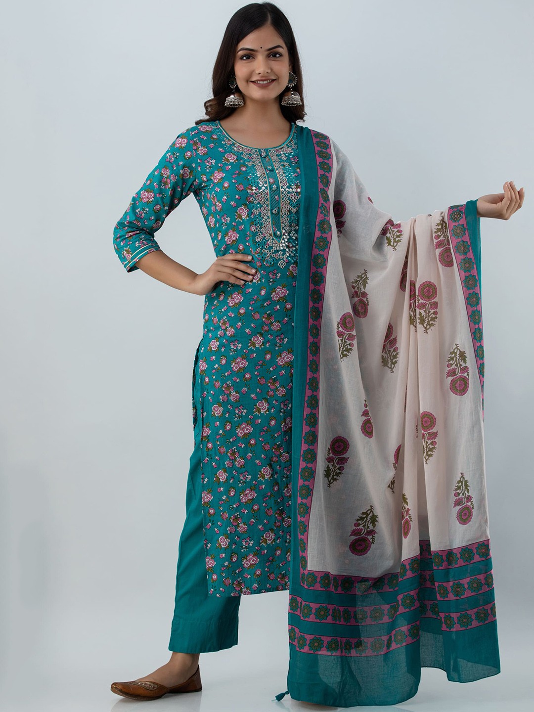 

GULMOHAR JAIPUR Turquoise Blue Embroidered Pure Cotton Kurta with Trousers & With Dupatta