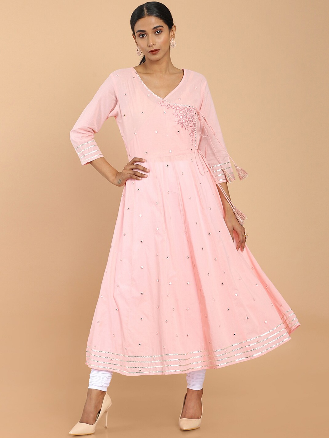 

Soch Women Pink Flared Sleeves Gotta Patti Anarkali Angrakha Kurta