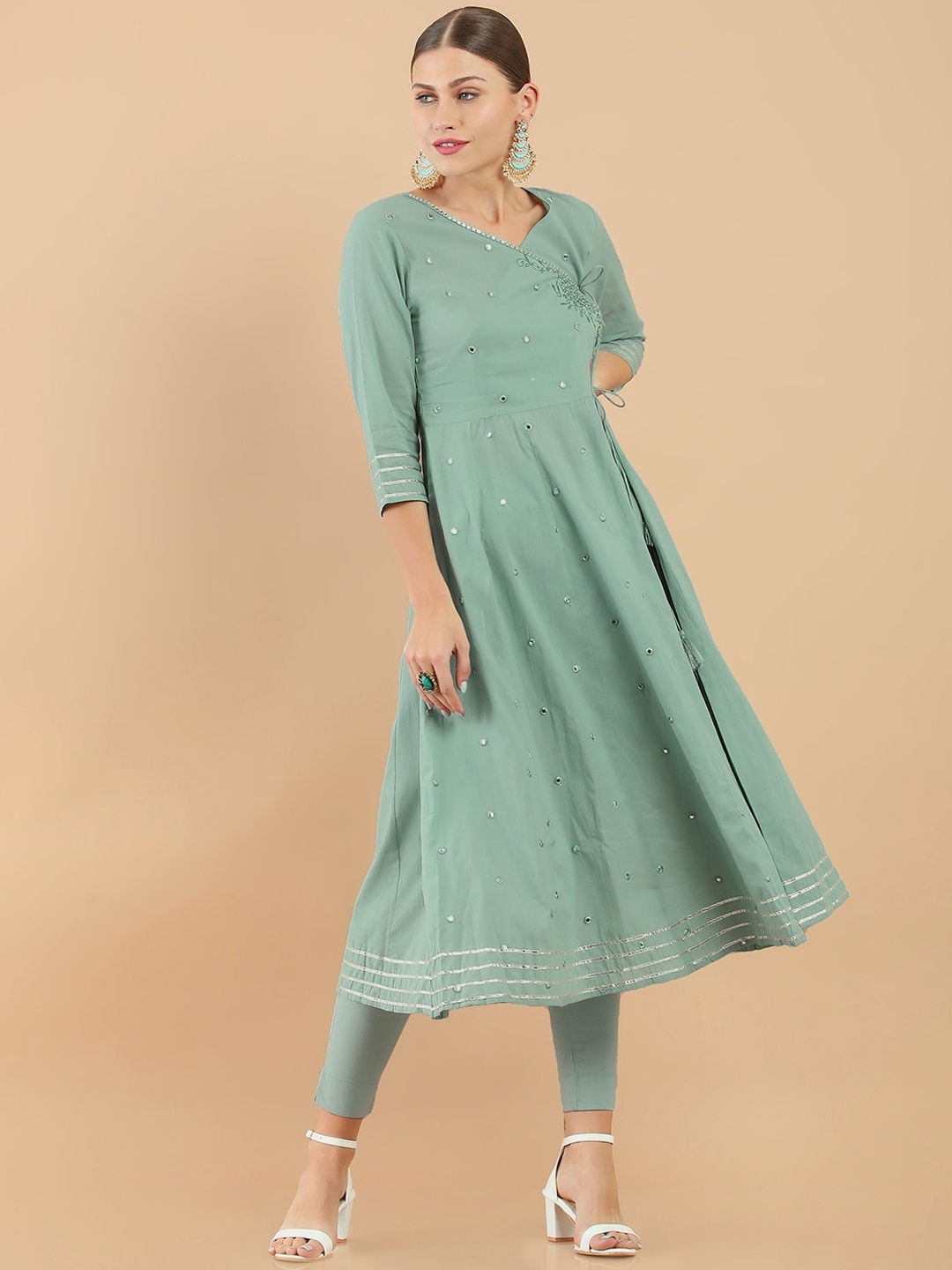 

Soch Women Green Embellished Angrakha Cotton Kurta