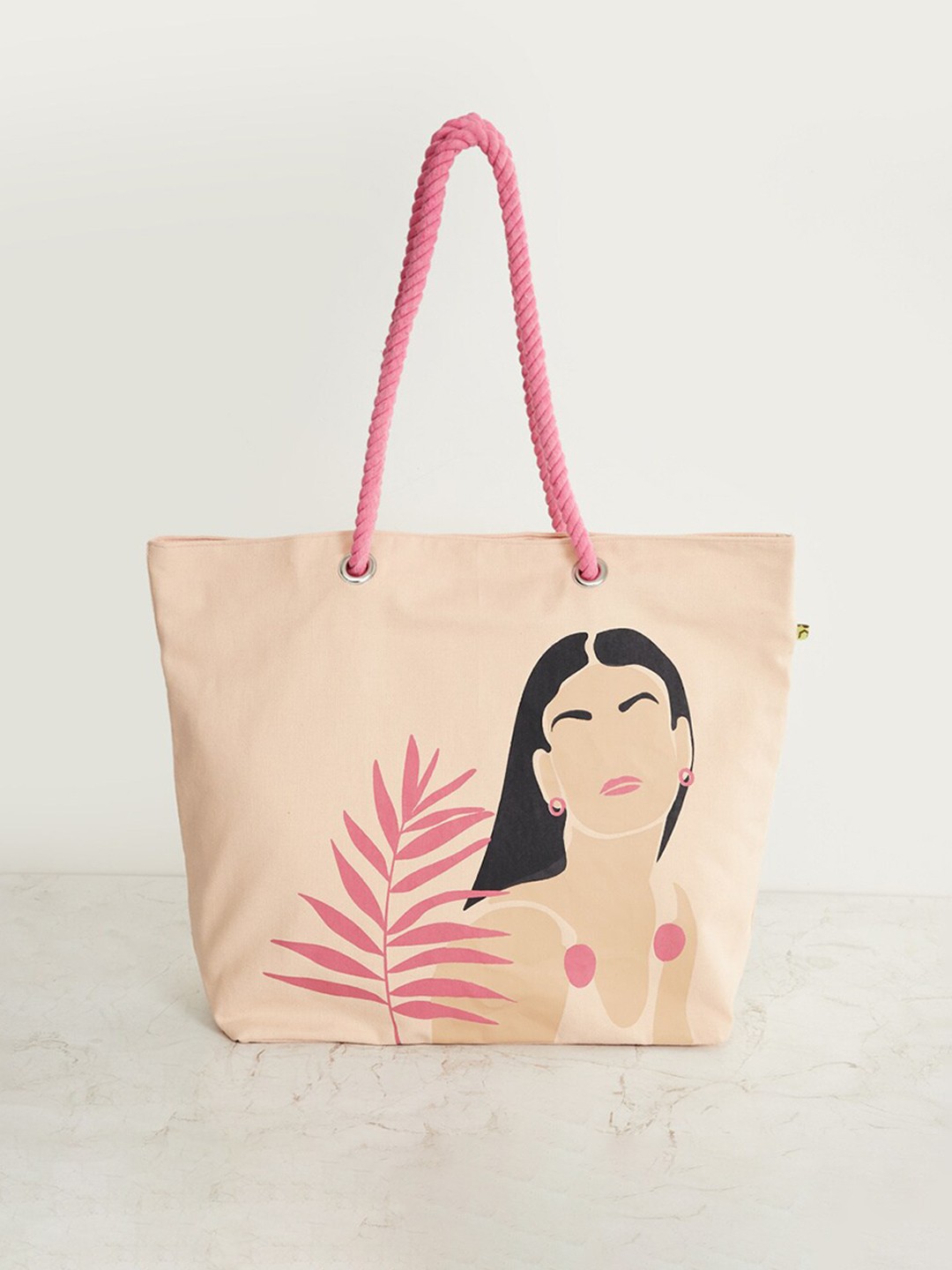 

Home Centre Peach-Coloured Printed Shopper Tote Bag