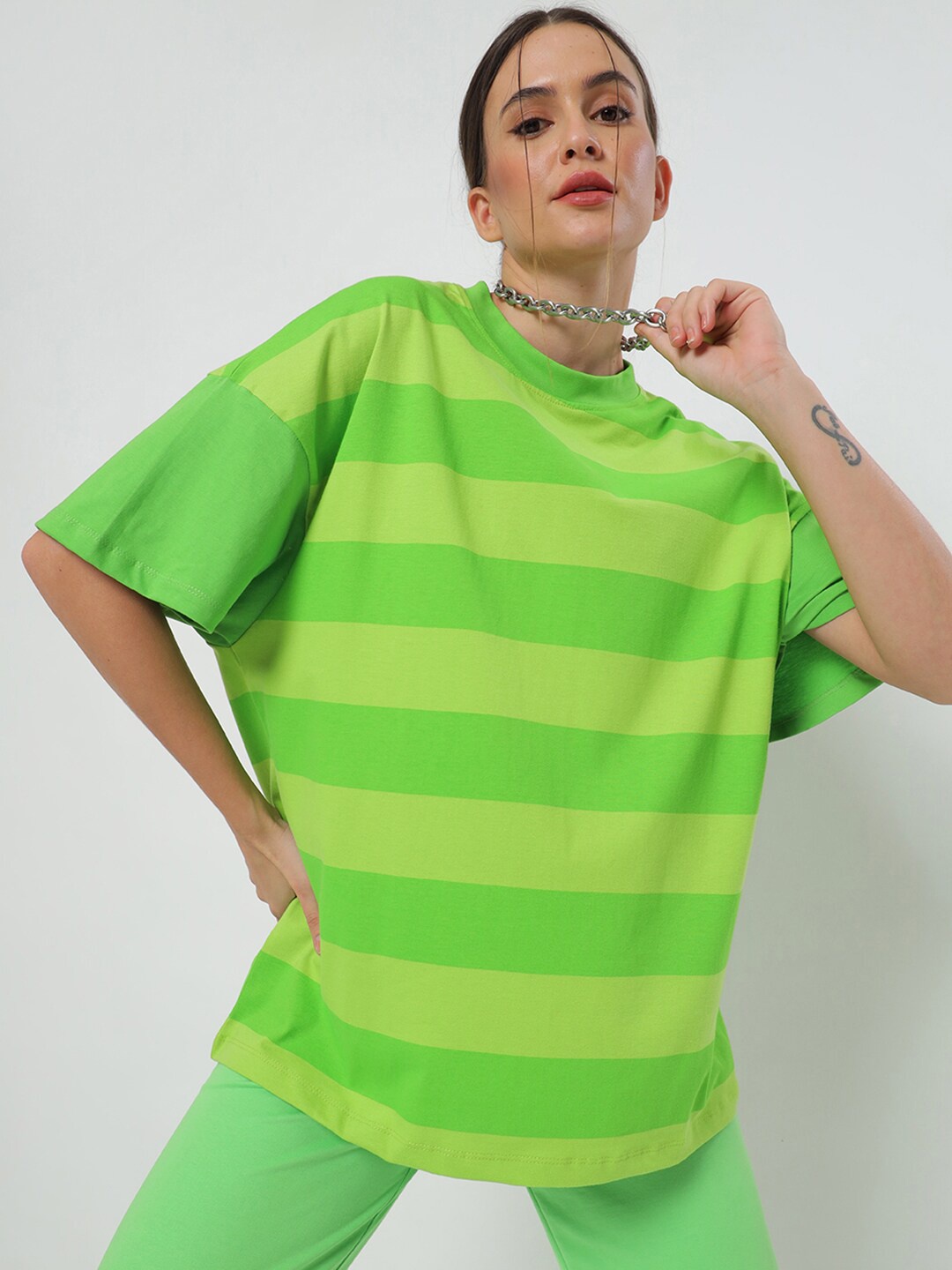 

Bewakoof Women Green Striped Drop-Shoulder Sleeves Loose T-shirt