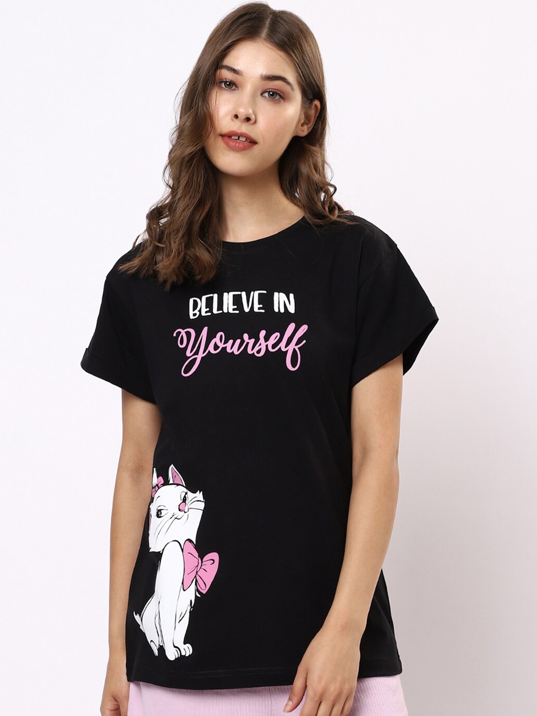 

Bewakoof Believe Cat Boyfriend T-Shirt, Black