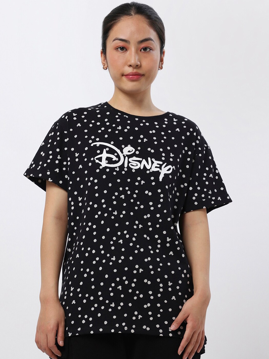 

Bewakoof Women Black & White Oversized Typography Printed Loose T-shirt