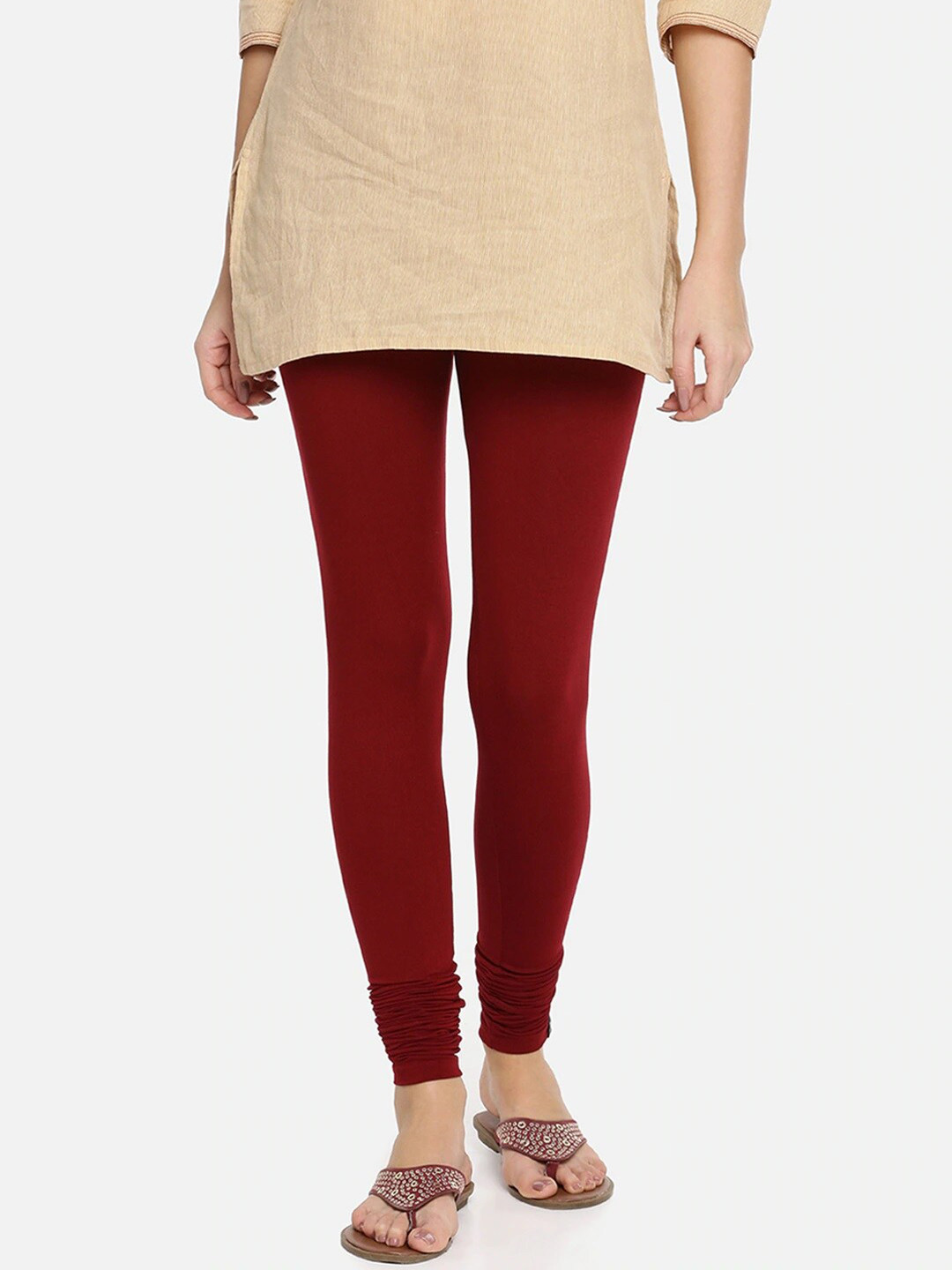 

TWIN BIRDS Women Maroon Solid Churidar-Length Leggings