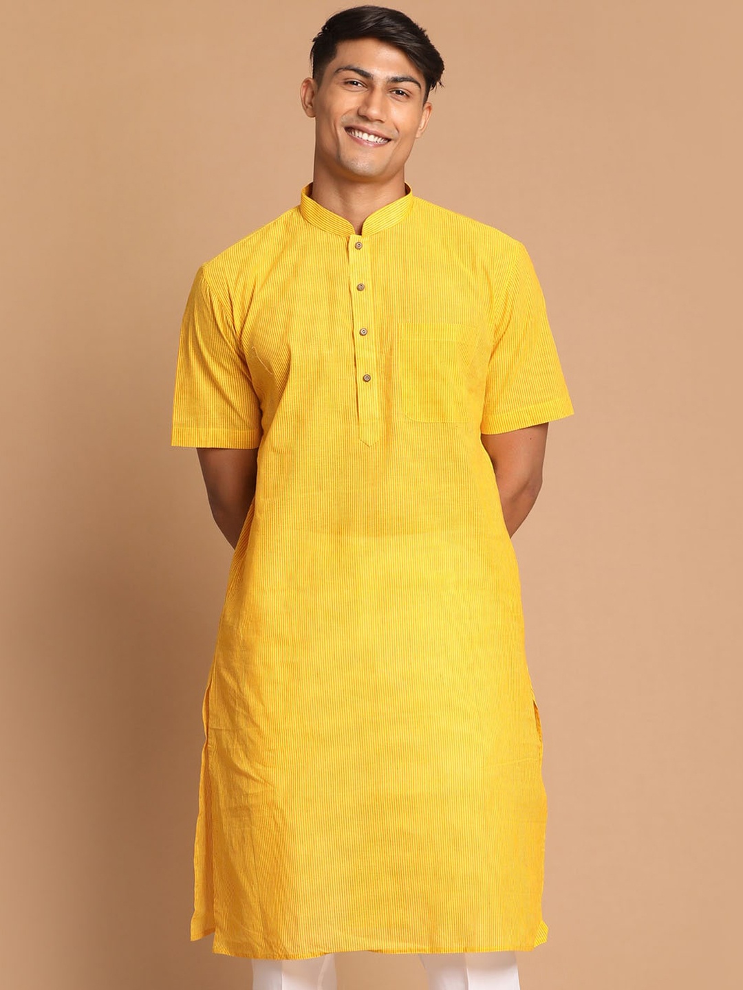 

VASTRAMAY Men Yellow Striped Thread Work Kurta