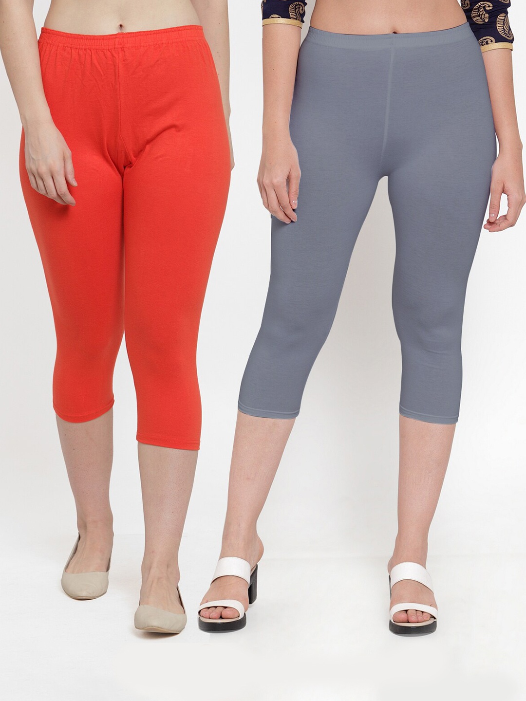 

Jinfo Women Pack Of 2 Grey & Orange Solid Capris