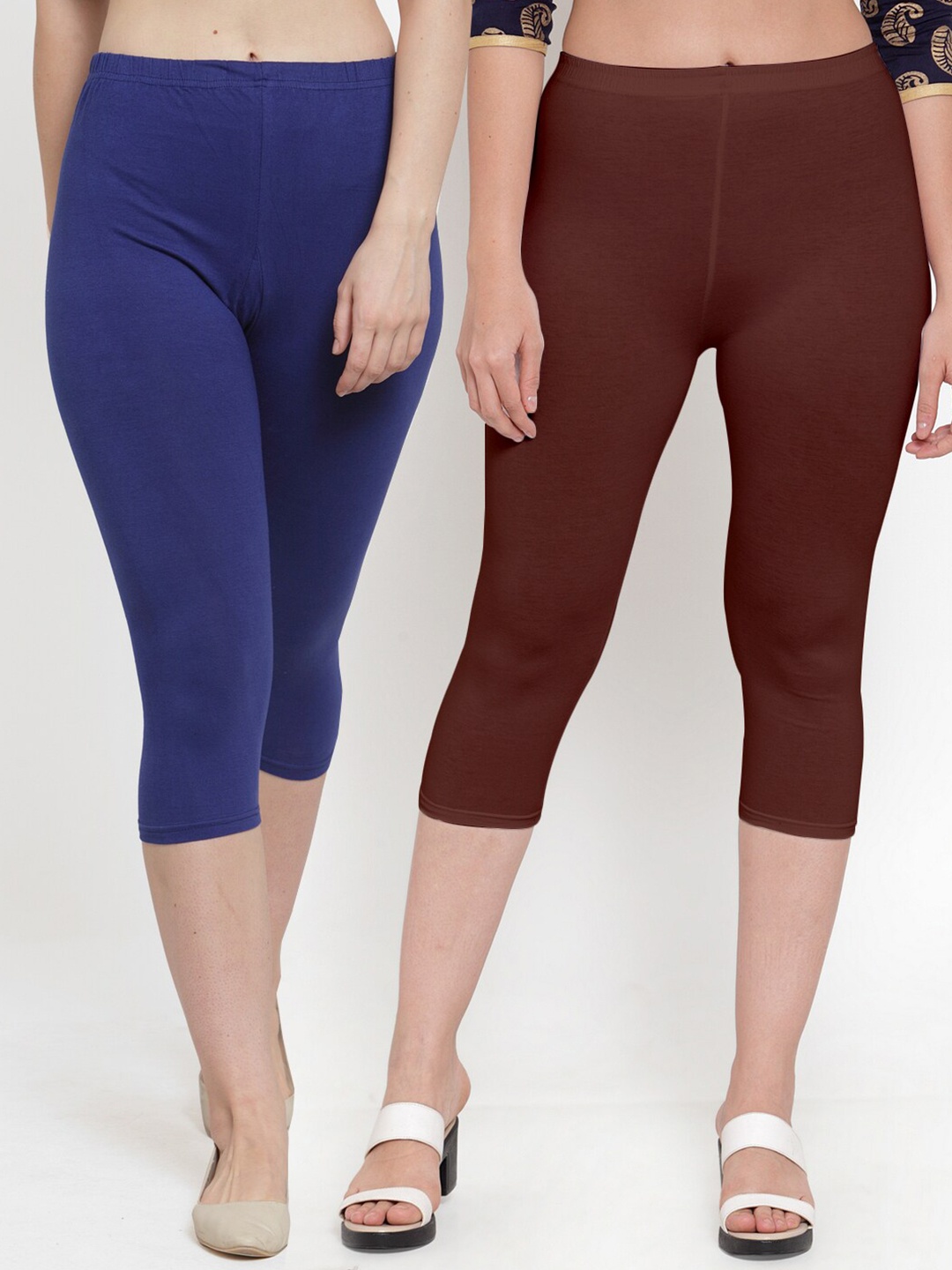 

Jinfo Women Pack of 2 Blue & Brown Cotton Lycra Capris