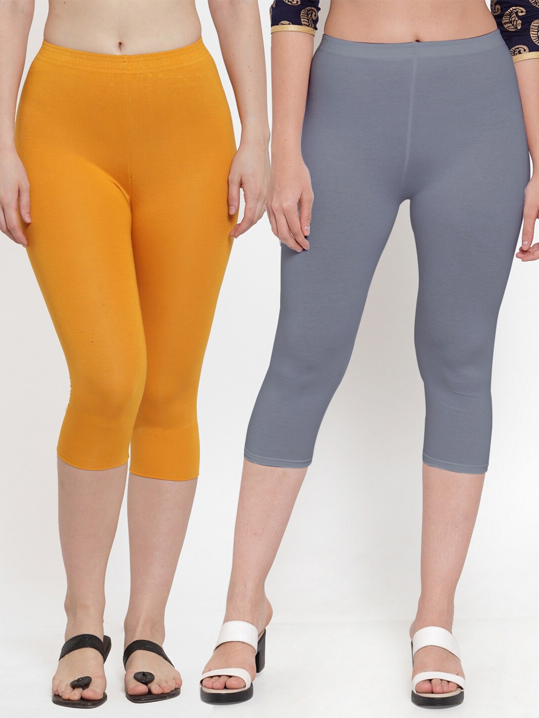 

Jinfo Women Grey Melange & Yellow Set Of 2 Capris