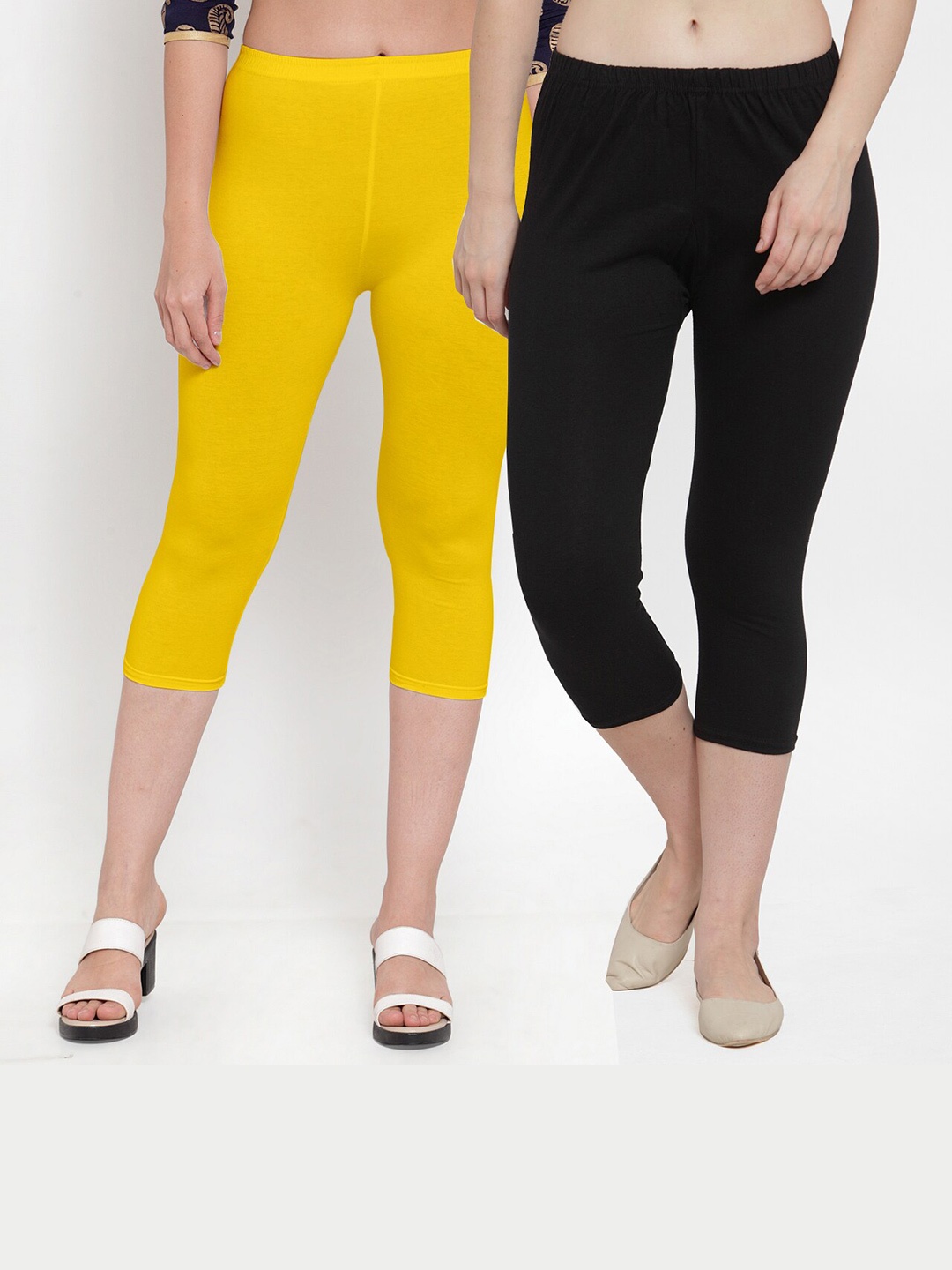 

Jinfo Women Black & Yellow Solid Capris Pack Of 2