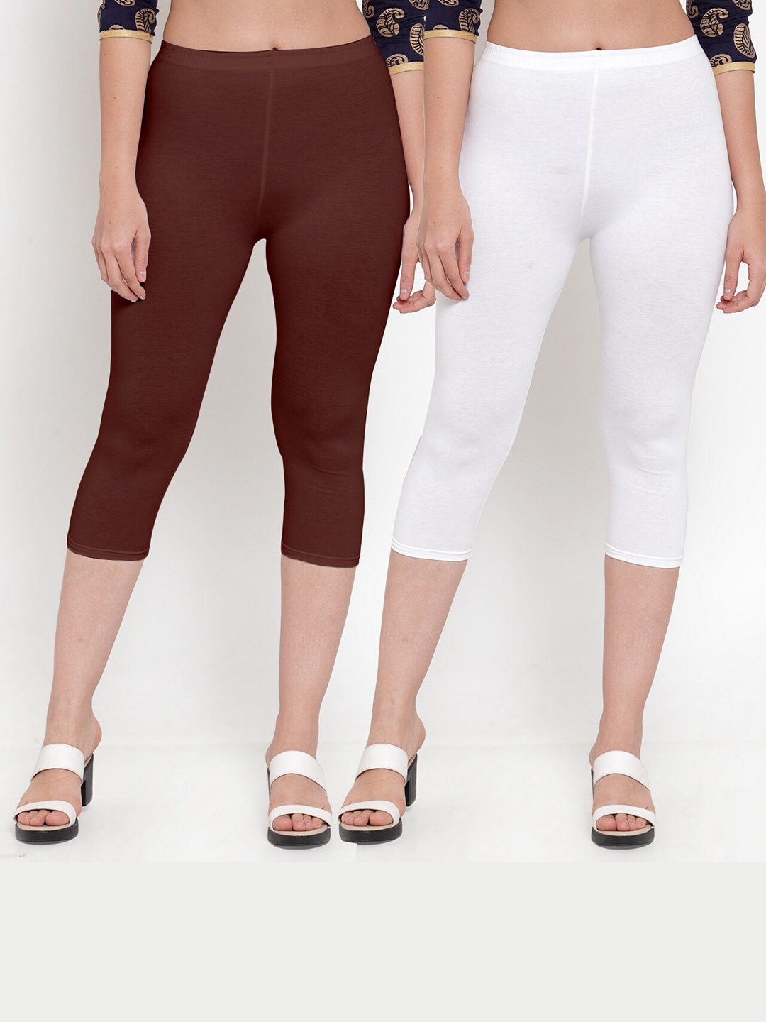 

Jinfo Women Pack Of 2 White & Brown Capris