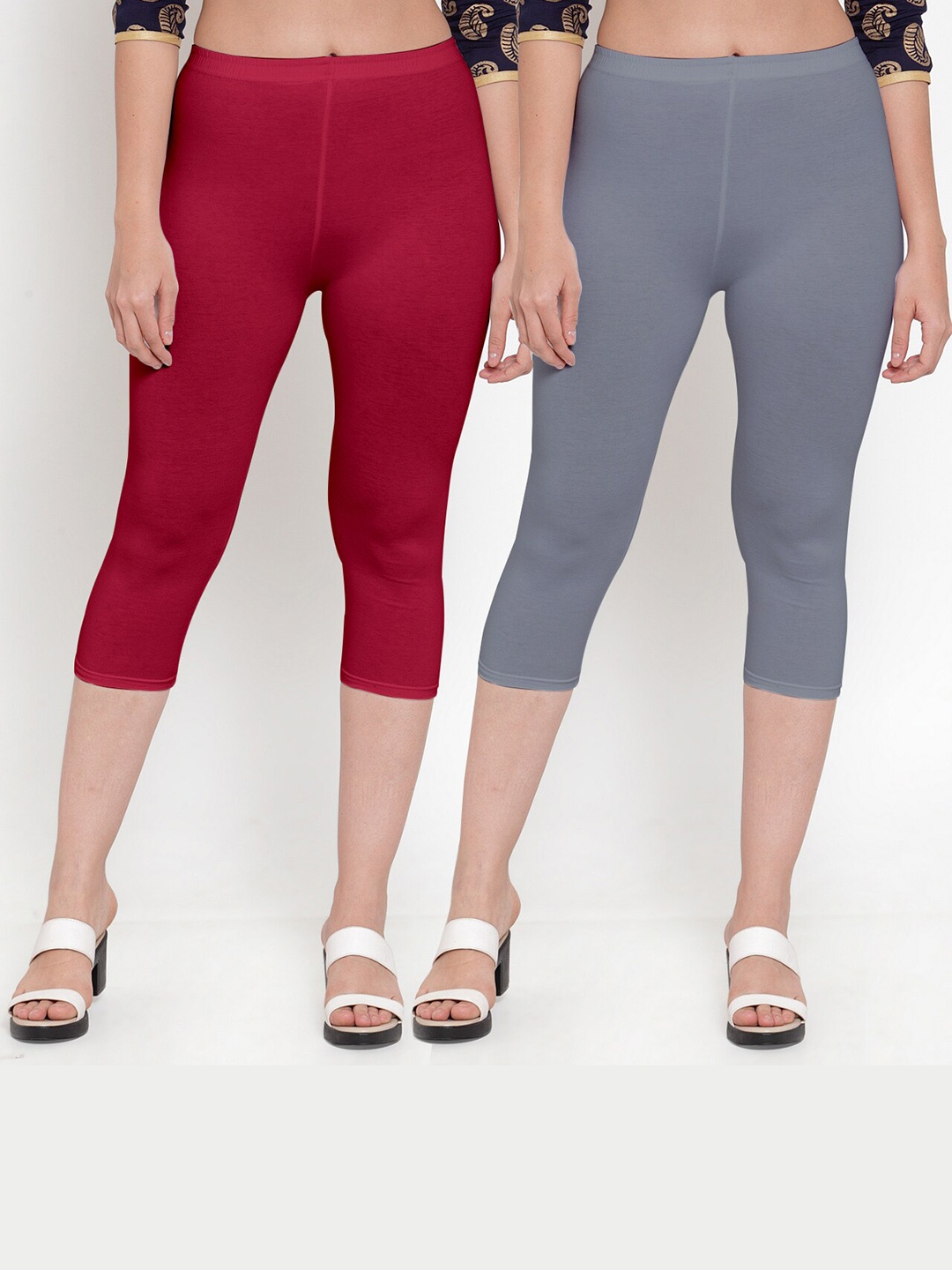 

Jinfo Pack Of 2 Slim Fit Mid-Rise Capris, Grey