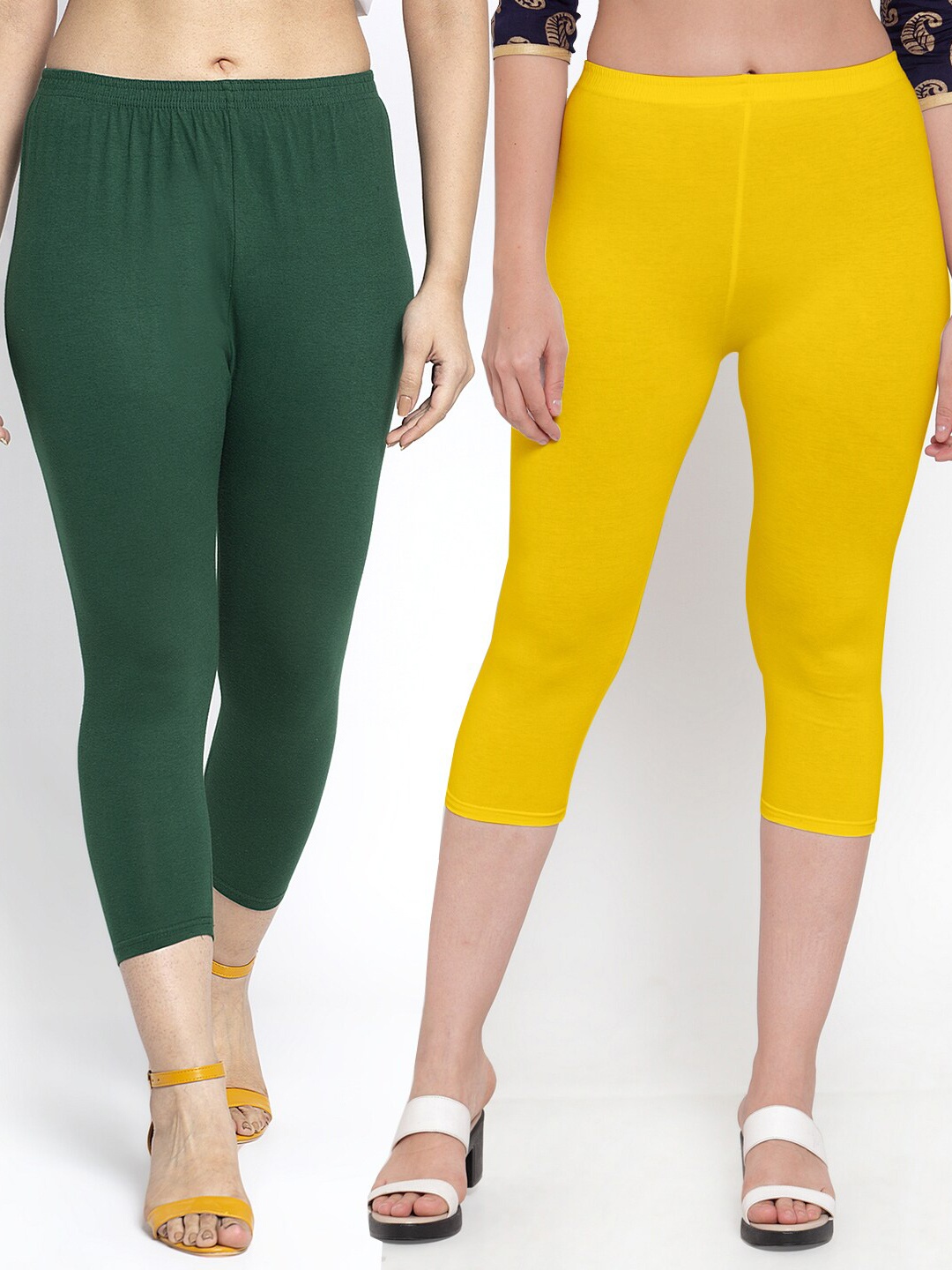 

Jinfo Women Pack of 2 Yellow & Green Cotton Lycra Capris