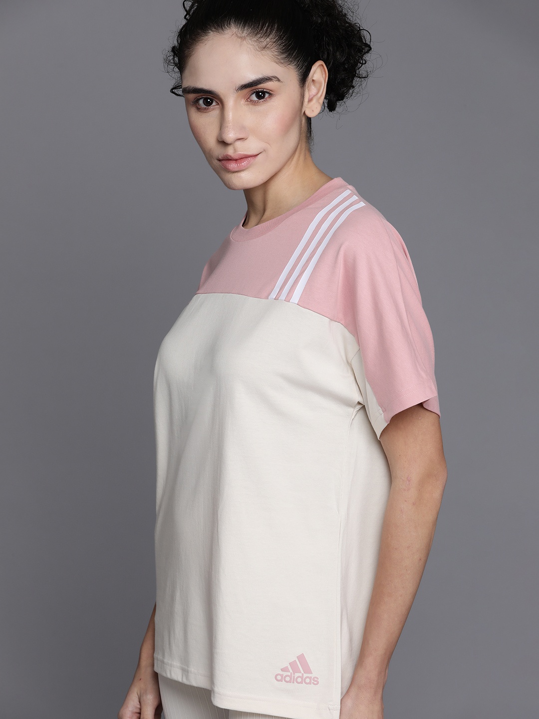 

ADIDAS Women White & Pink Colourblocked Pure Cotton T-shirt