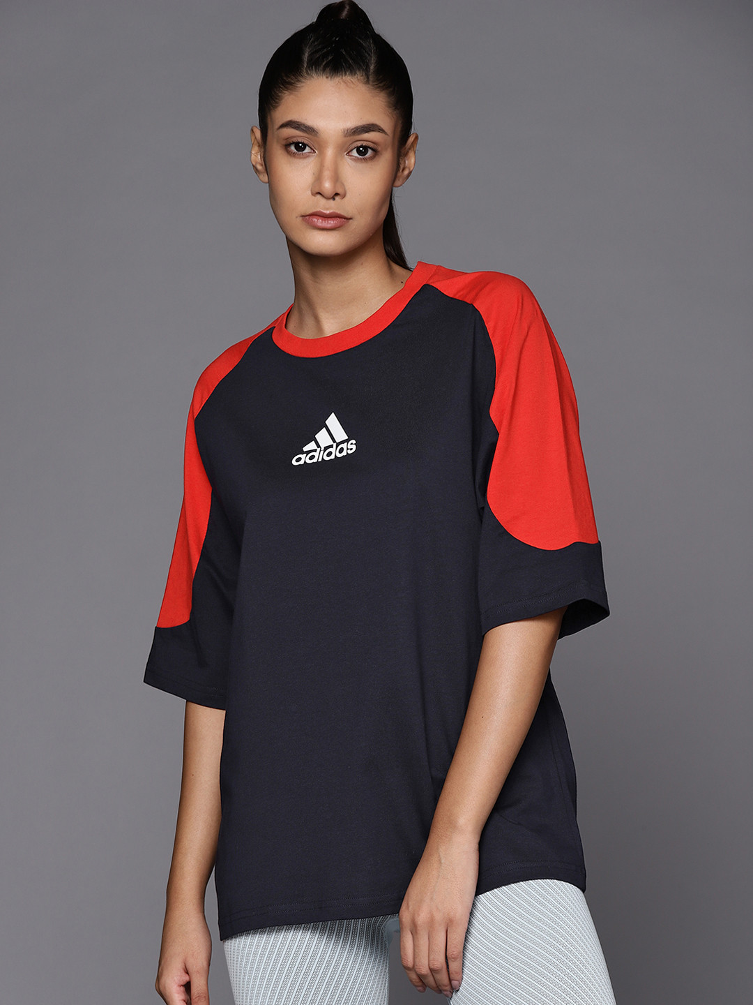 

ADIDAS Women Navy Blue W CB T Brand Logo Printed Oversized Fit Pure Cotton T-shirt