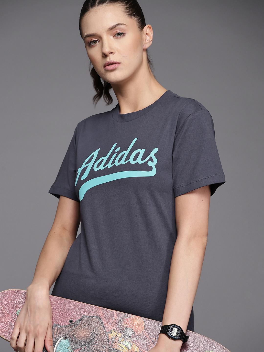 

ADIDAS Originals Women Navy Blue Regular Printed Pure Cotton Modern B-Ball T-shirt