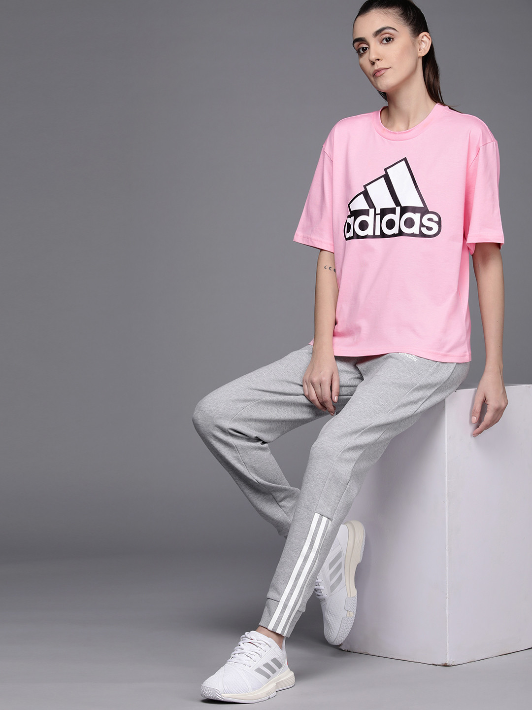 

ADIDAS Women Pink & White Brand Logo Printed Pure Cotton Oversized T-shirt