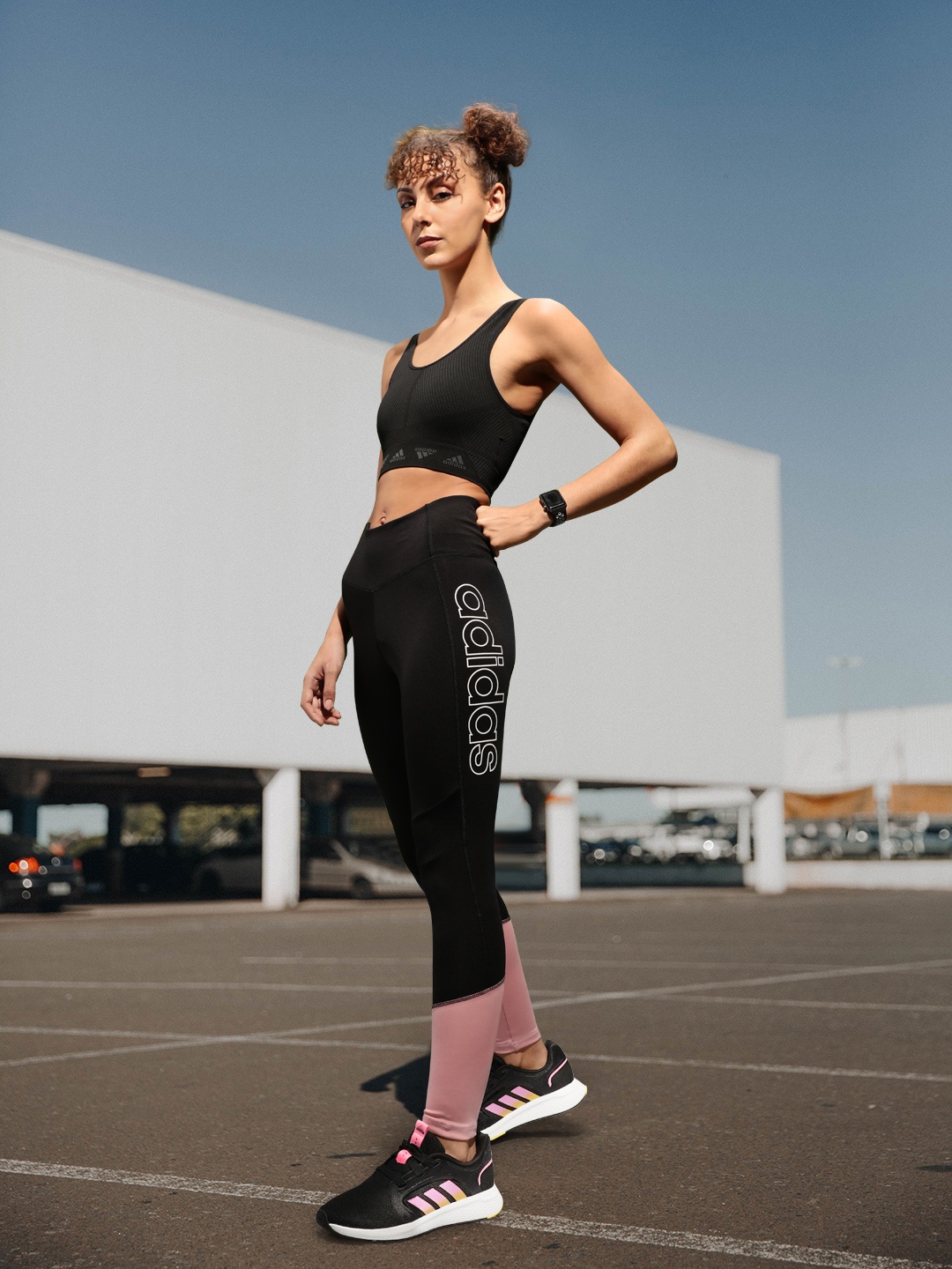 

ADIDAS Women Black & Pink Brand Logo Printed Tights