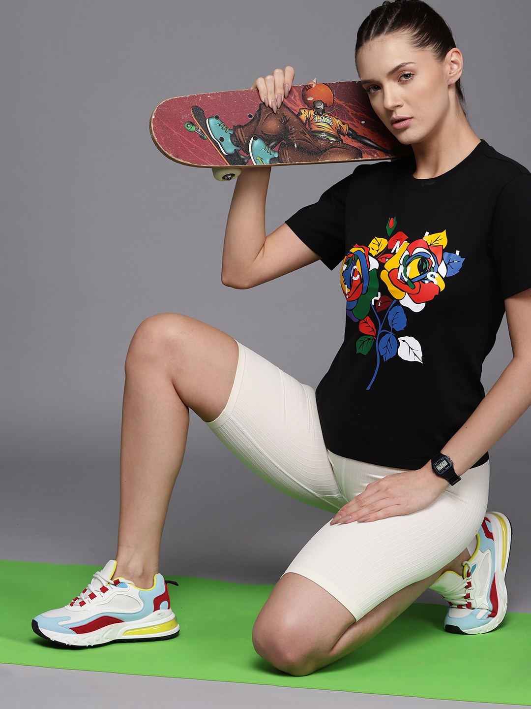 

ADIDAS Originals Women Black Regular Floral Printed Pure Cotton Rich MNISI T-shirt