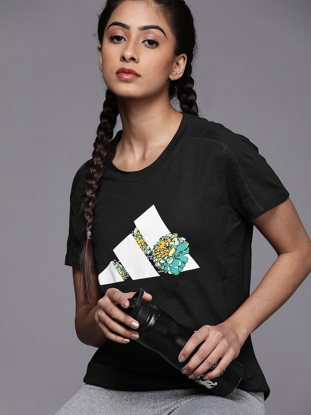 

ADIDAS Women Black Brand Logo Print Running T-Shirt