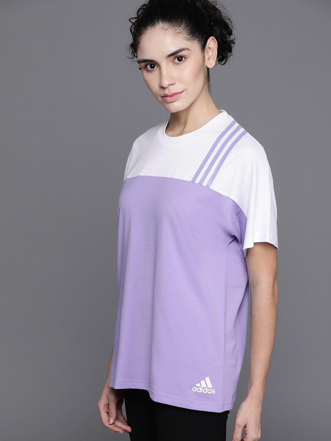 

ADIDAS Women Lavender & White Colourblocked Pure Cotton T-shirt