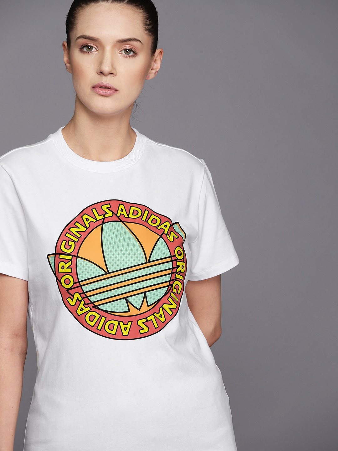

ADIDAS Originals Women White & Green Brand Logo Printed Pure Cotton Loose T-shirt