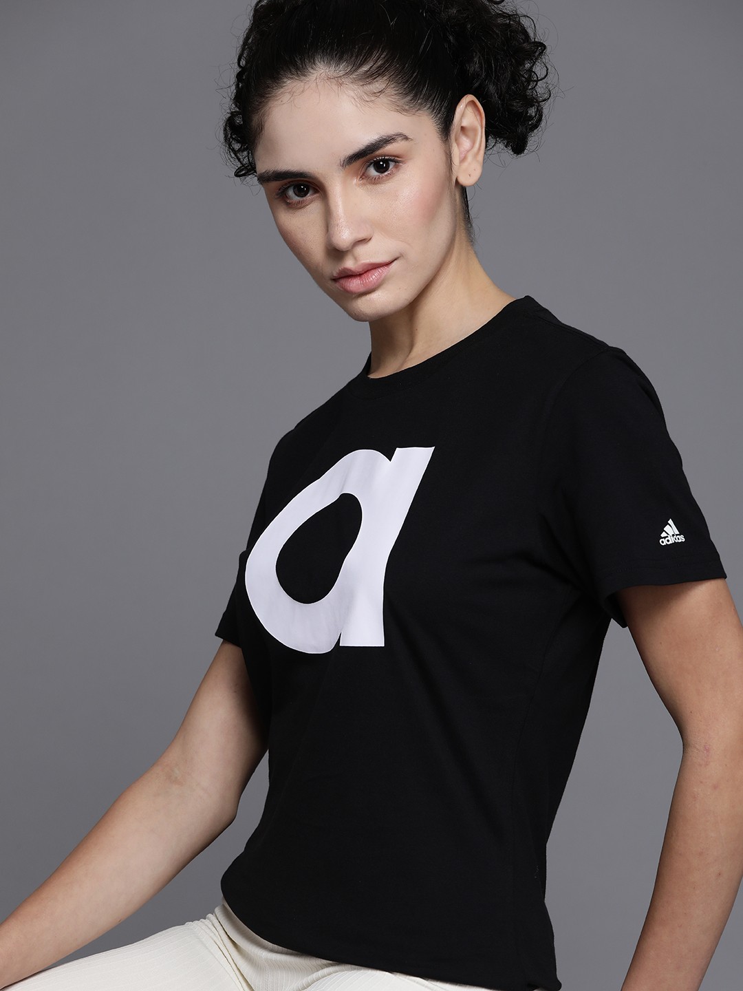 

ADIDAS Women Black & White Typography Printed Pure Cotton T-shirt