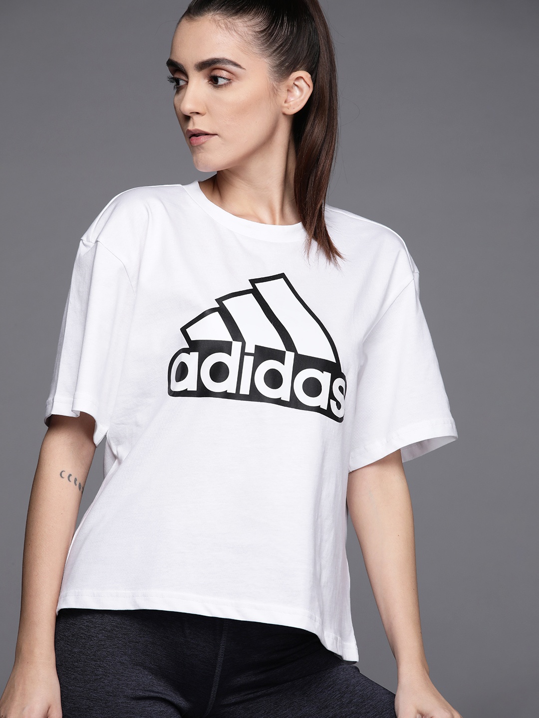 

ADIDAS Women White & Black Brand Logo Printed Pure Cotton T-shirt