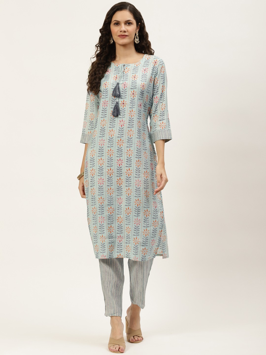 

INDYES Women Light Blue Floral Print Embroidered Kurta with Trouser Set