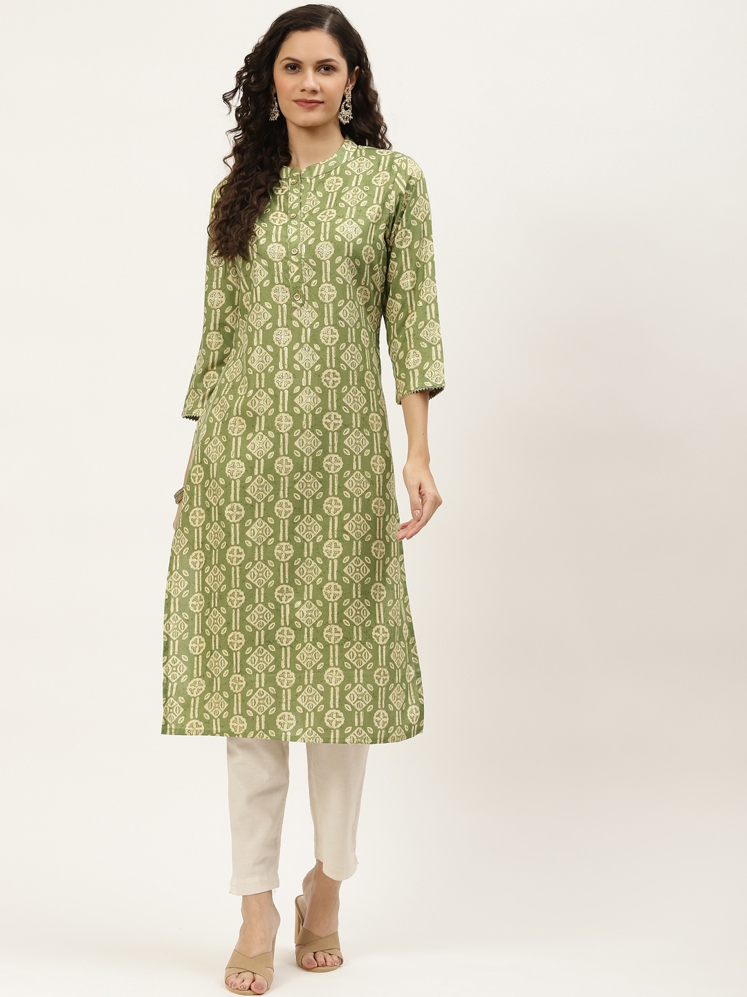 

INDYES Women Green & Cream-Coloured Ethnic Motifs Printed Summer Sheers Kurta