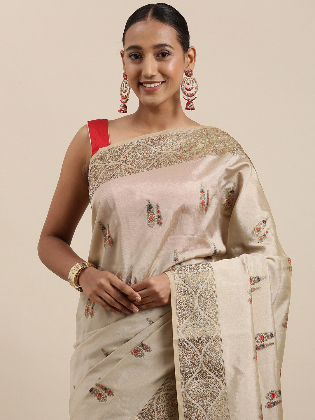 

Shaily Grey & Red Ethnic Motifs Zari Woven Design Saree