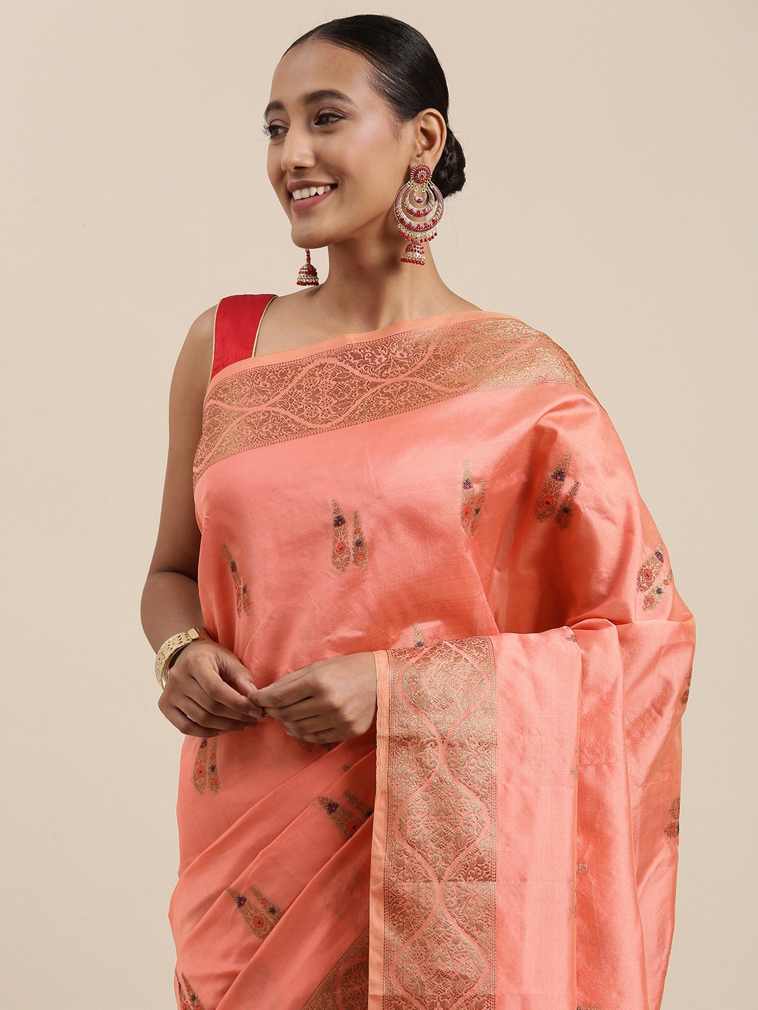 

Shaily Pink & Red Ethnic Motifs Zari Woven Design Saree