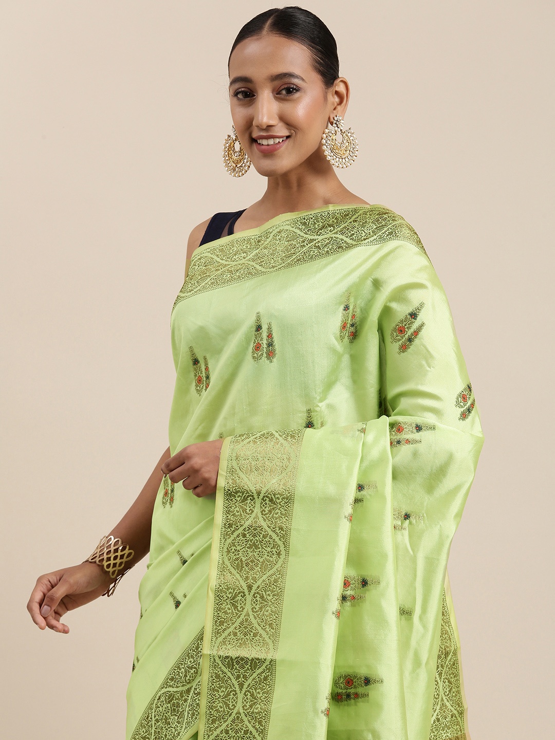 

Mitera Green & Charcoal Ethnic Motifs Zari Woven Design Saree