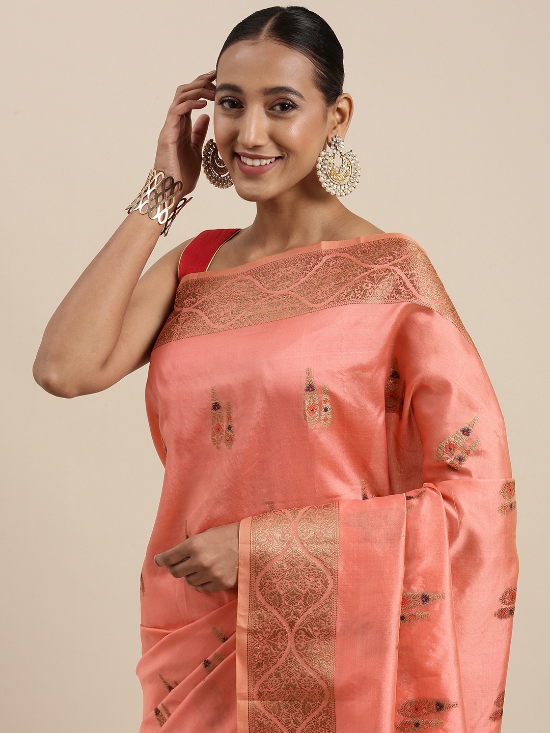 

Mitera Pink & Golden Ethnic Motifs Zari Woven Design Saree