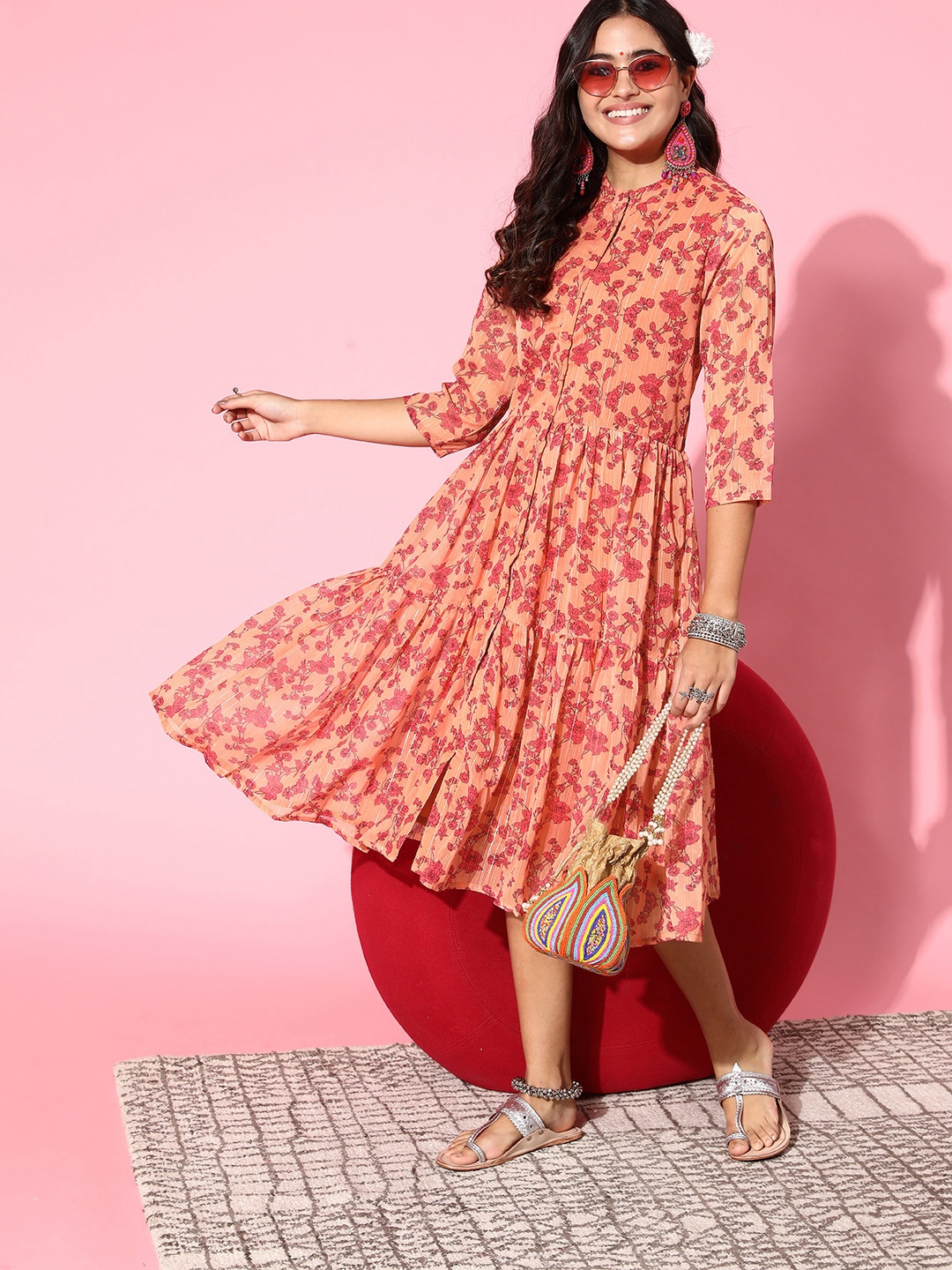 

Janasya Peach-Coloured & Orange Floral Print A-Line Midi Dress